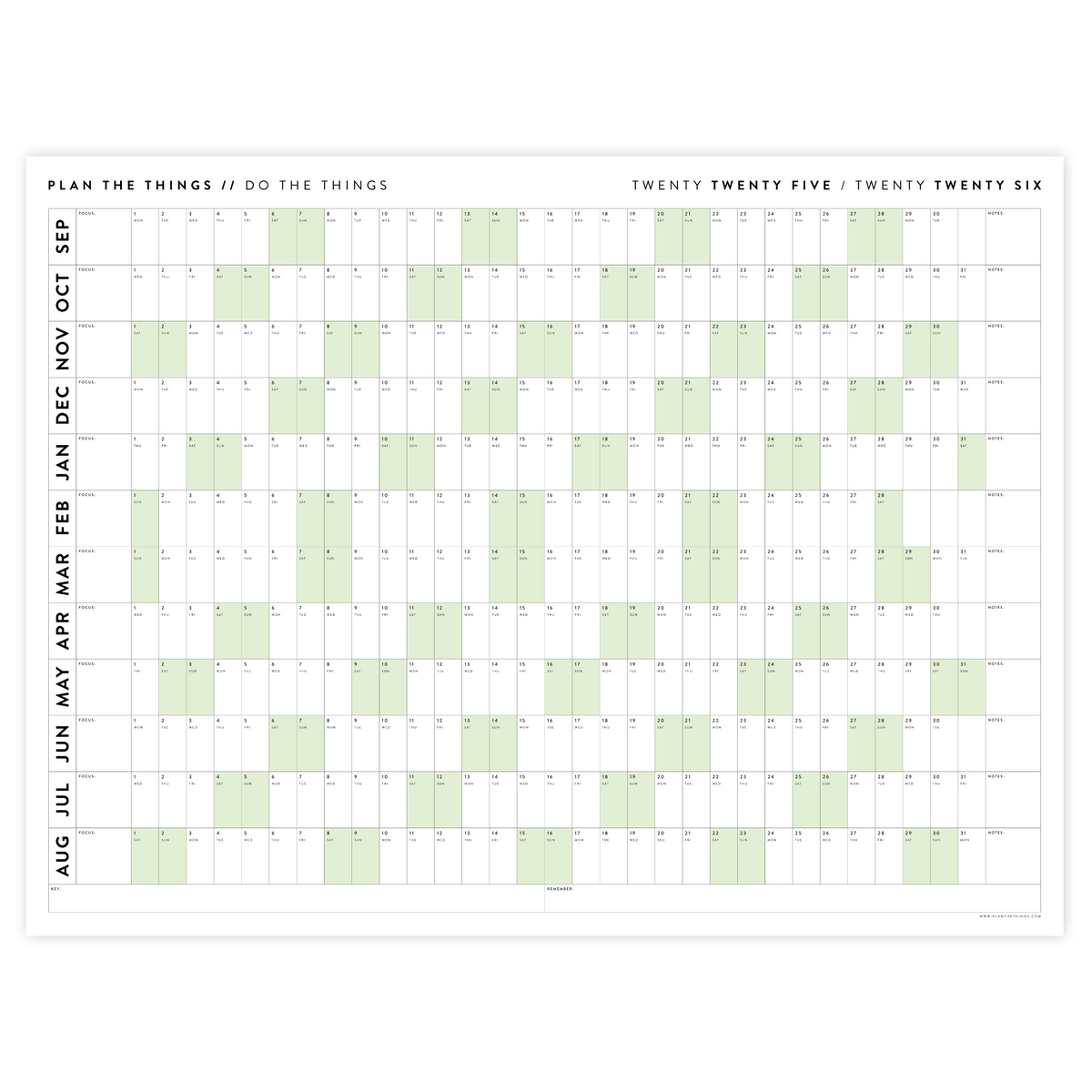 PRINTABLE 2025 - 2026 ACADEMIC WALL CALENDAR (SEPTEMBER START) | HORIZONTAL WITH GREEN WEEKENDS - INSTANT DOWNLOAD