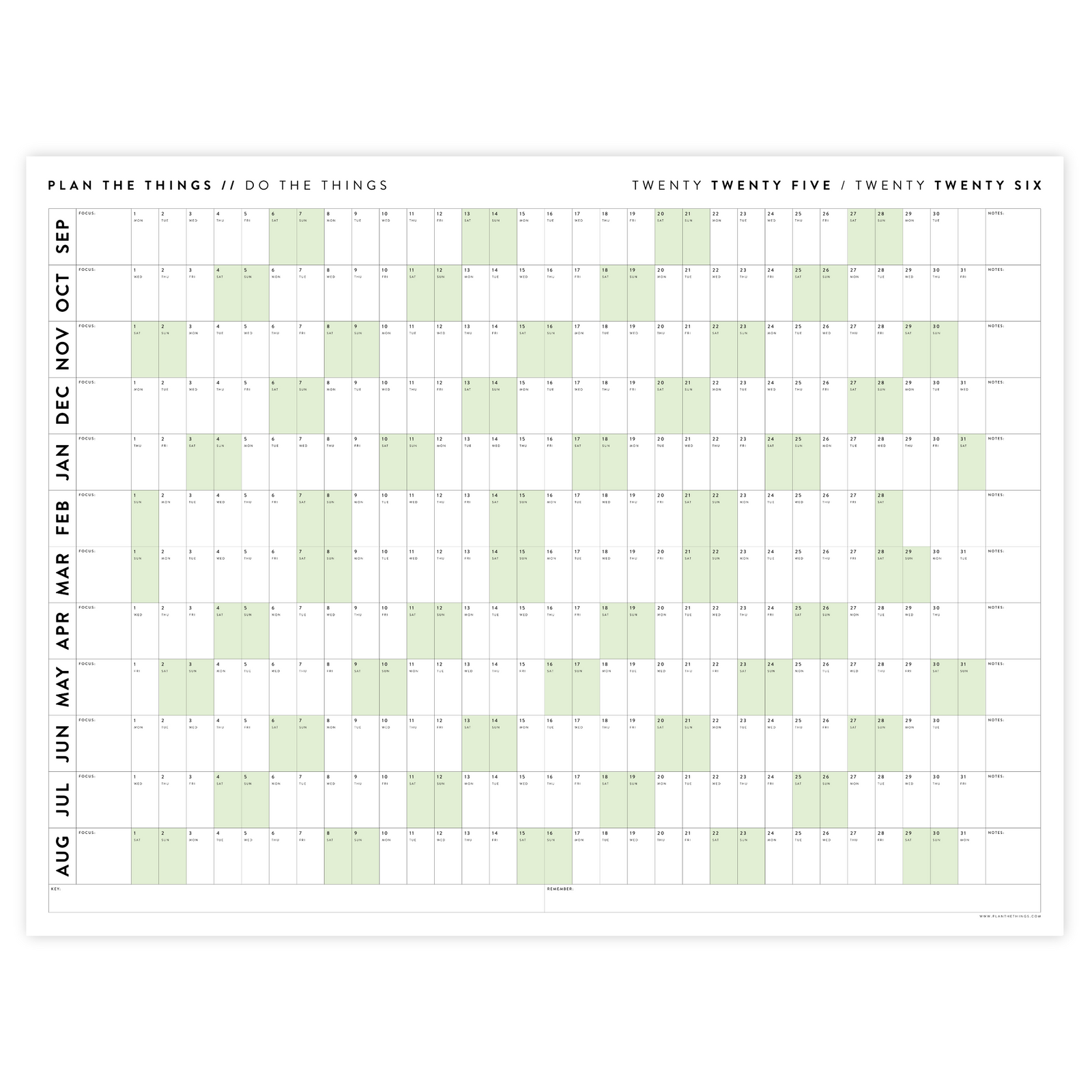 PRINTABLE 2025 - 2026 ACADEMIC WALL CALENDAR (SEPTEMBER START) | HORIZONTAL WITH GREEN WEEKENDS - INSTANT DOWNLOAD