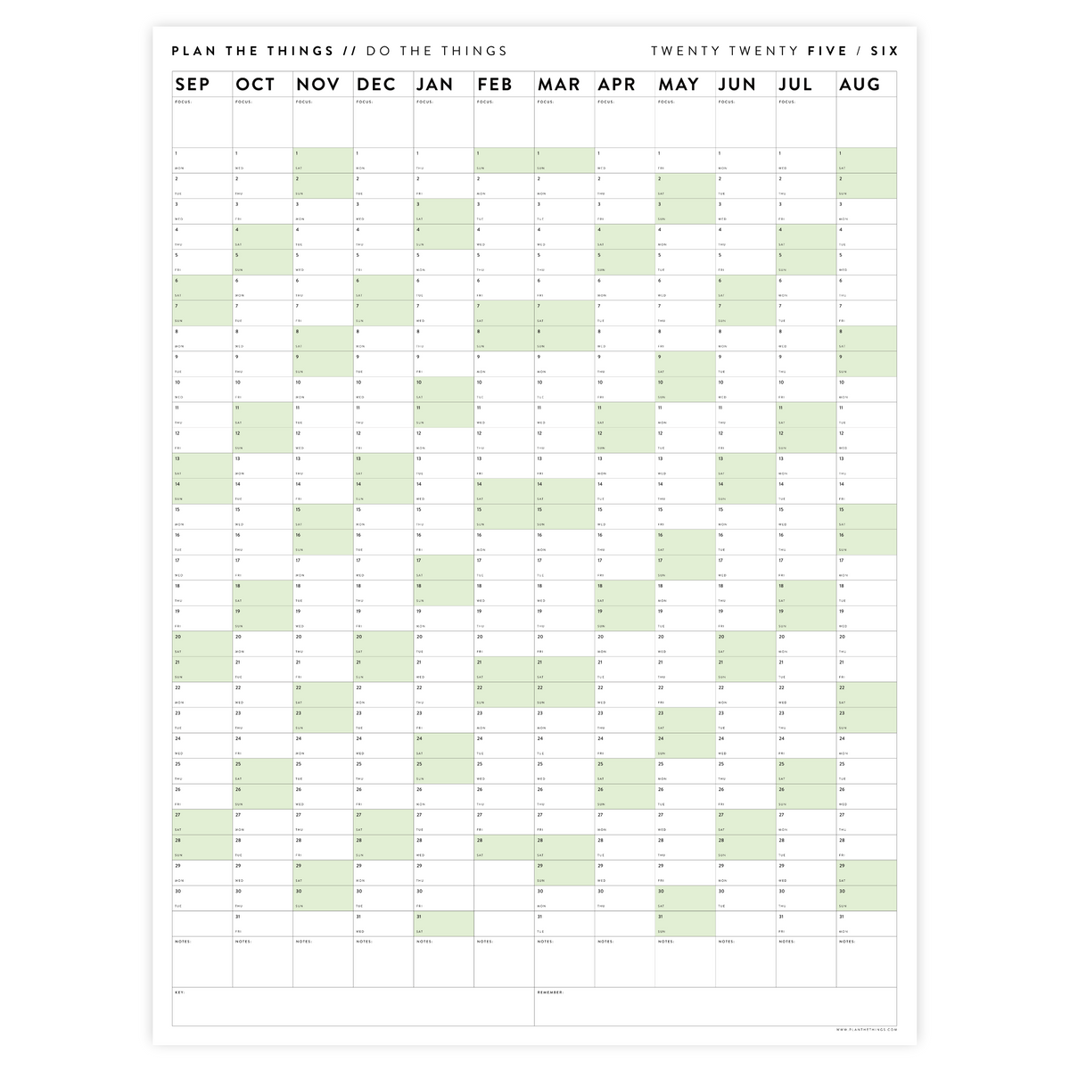 PRINTABLE 2025 - 2026 ACADEMIC WALL CALENDAR (SEPTEMBER START) | VERTICAL WITH GREEN WEEKENDS - INSTANT DOWNLOAD