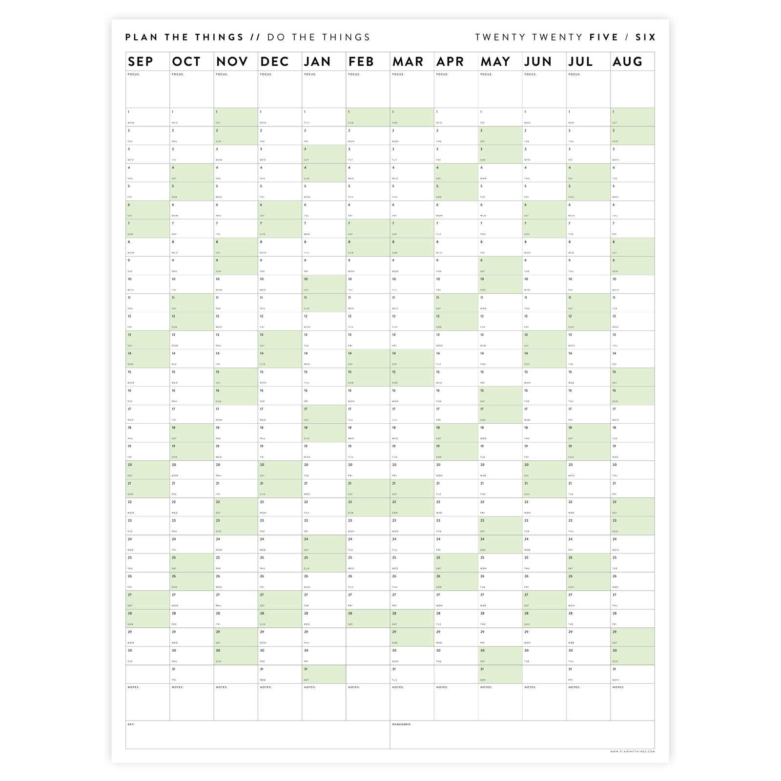 PRINTABLE 2025 - 2026 ACADEMIC WALL CALENDAR (SEPTEMBER START) | VERTICAL WITH GREEN WEEKENDS - INSTANT DOWNLOAD