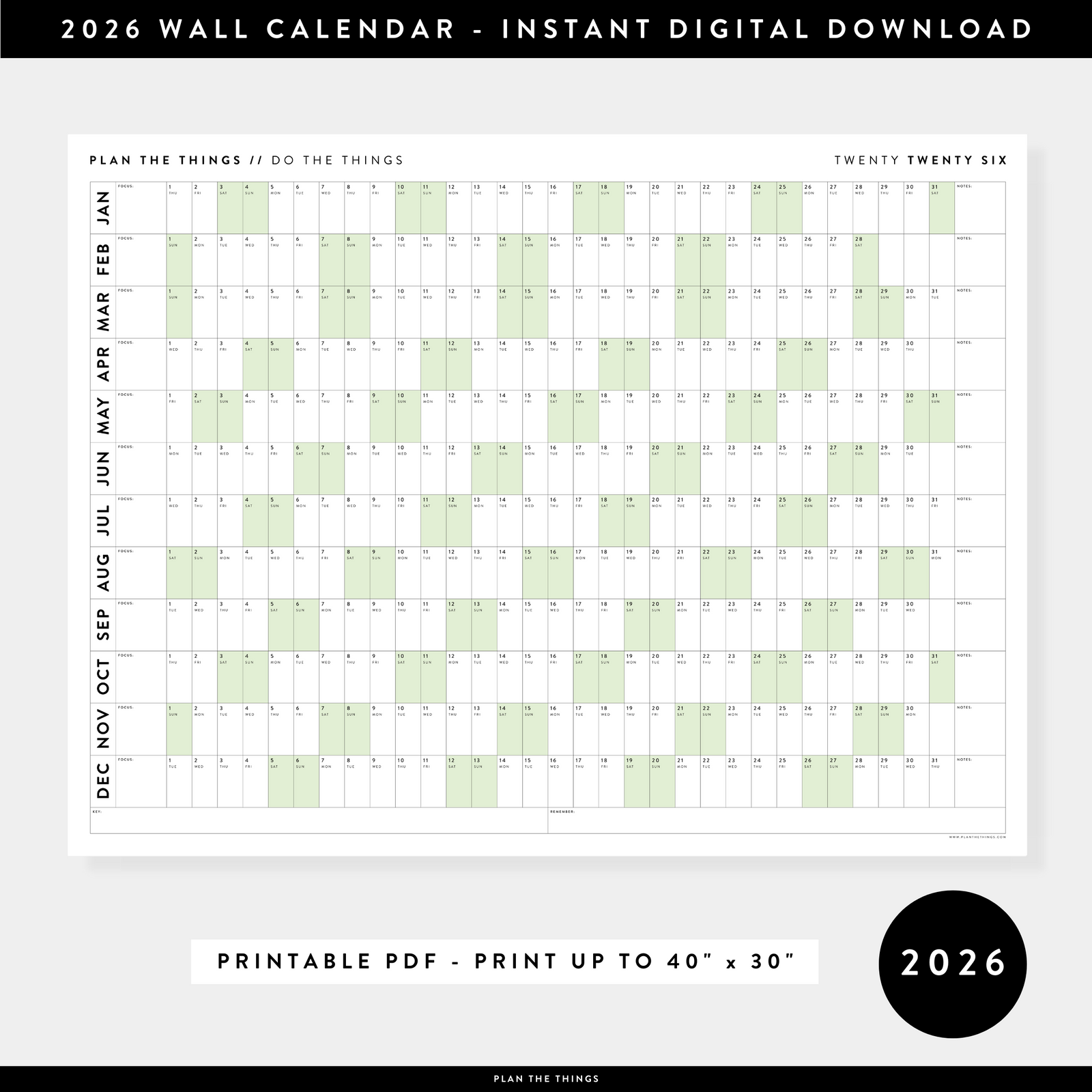PRINTABLE 2026 HORIZONTAL WALL CALENDAR WITH GREEN WEEKENDS - INSTANT DOWNLOAD