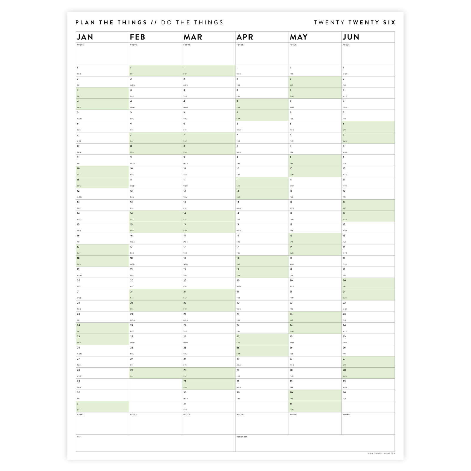 SIX MONTH 2026 GIANT WALL CALENDAR (JANUARY TO JUNE)  WITH GREEN WEEKENDS