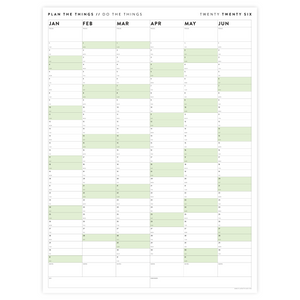 SIX MONTH 2026 GIANT WALL CALENDAR (JANUARY TO JUNE)  WITH GREEN WEEKENDS