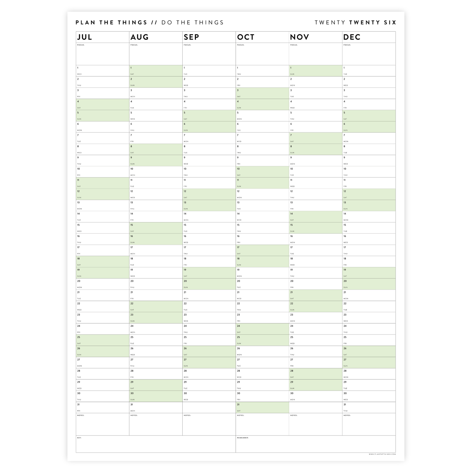 SIX MONTH 2026 GIANT WALL CALENDAR (JULY TO DECEMBER) WITH GREEN WEEKENDS