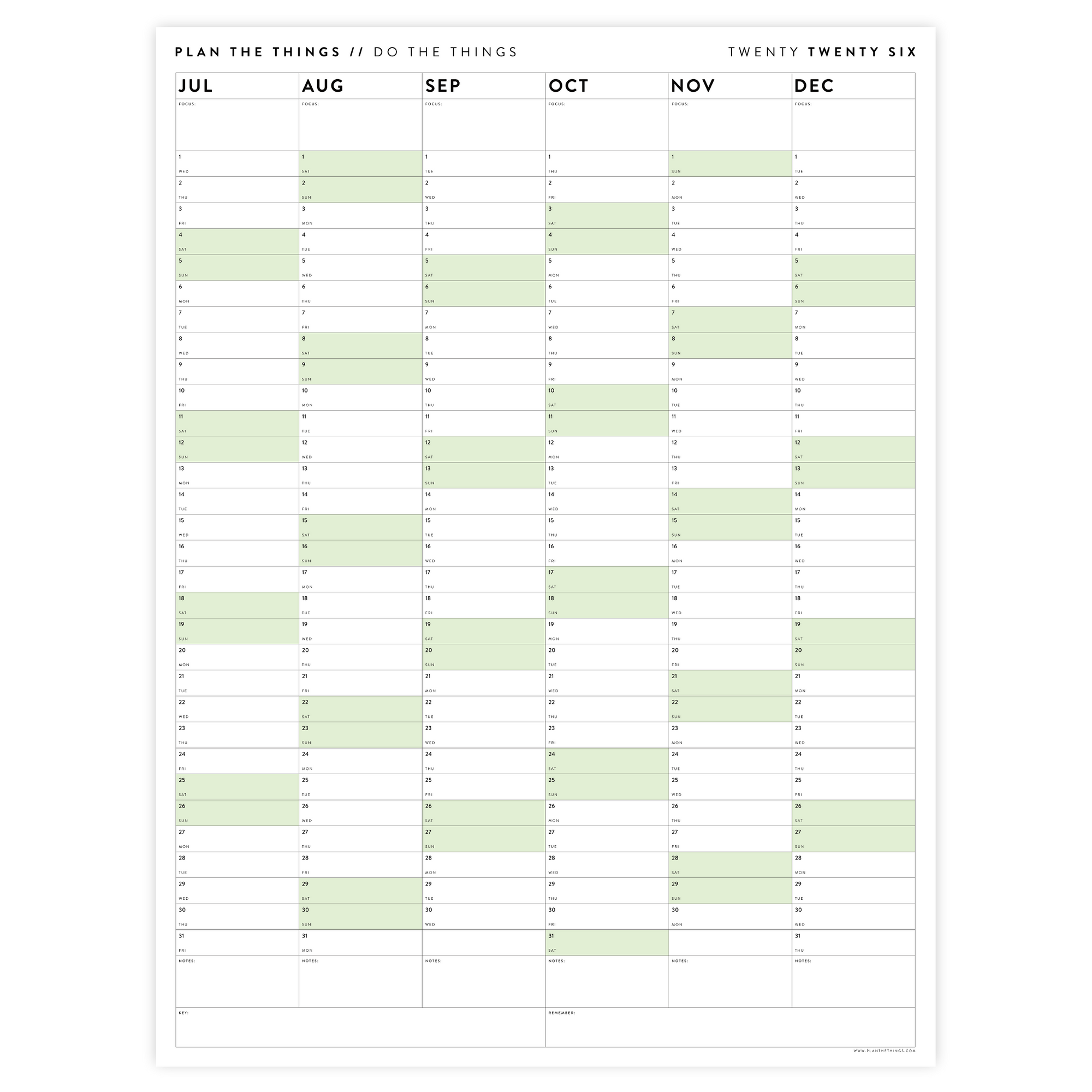 SIX MONTH 2026 GIANT WALL CALENDAR (JULY TO DECEMBER) WITH GREEN WEEKENDS