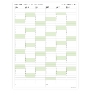 SIX MONTH 2026 GIANT WALL CALENDAR (JULY TO DECEMBER) WITH GREEN WEEKENDS