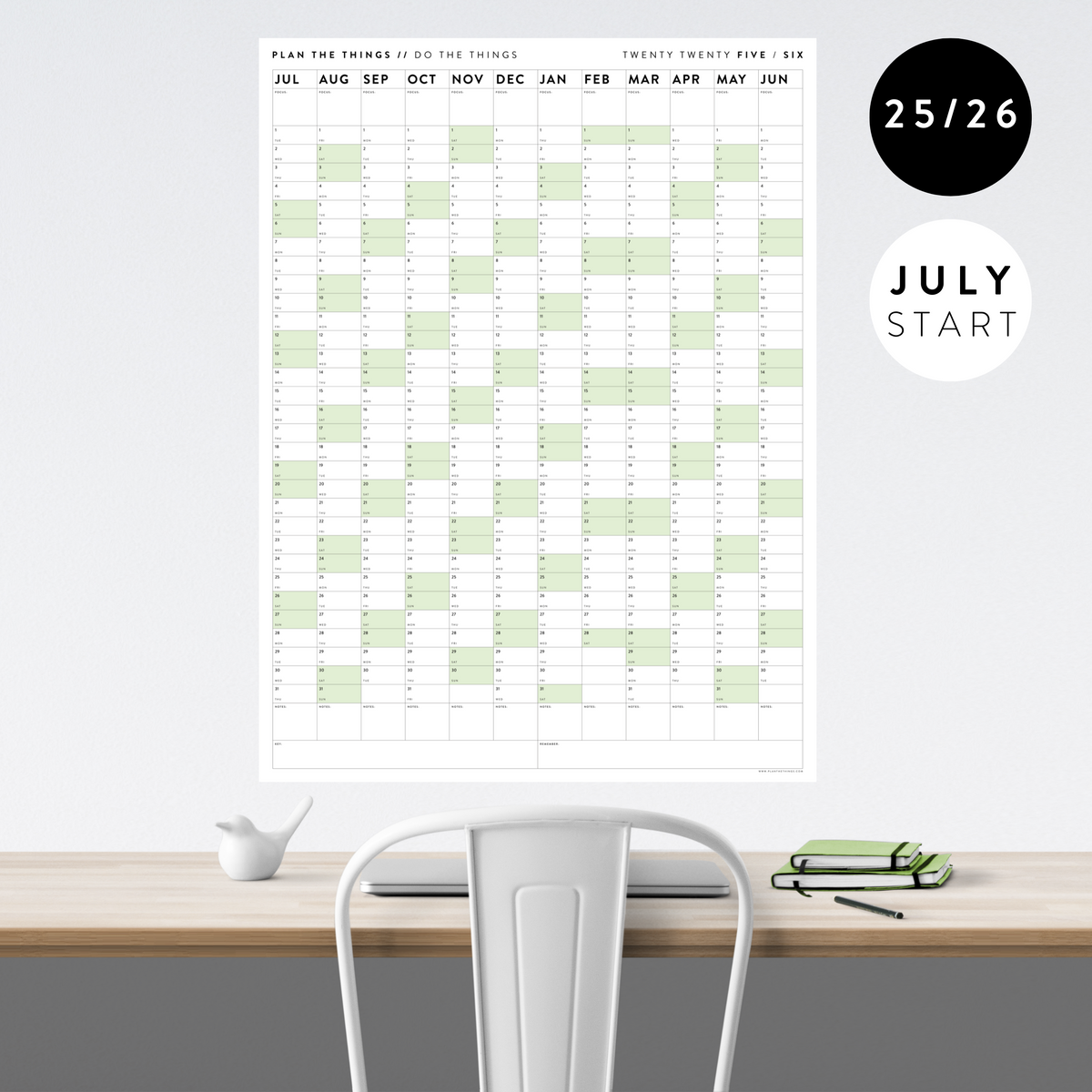 PRINTABLE 2025 - 2026 ACADEMIC WALL CALENDAR (JULY START) | VERTICAL WITH GREEN WEEKENDS - INSTANT DOWNLOAD