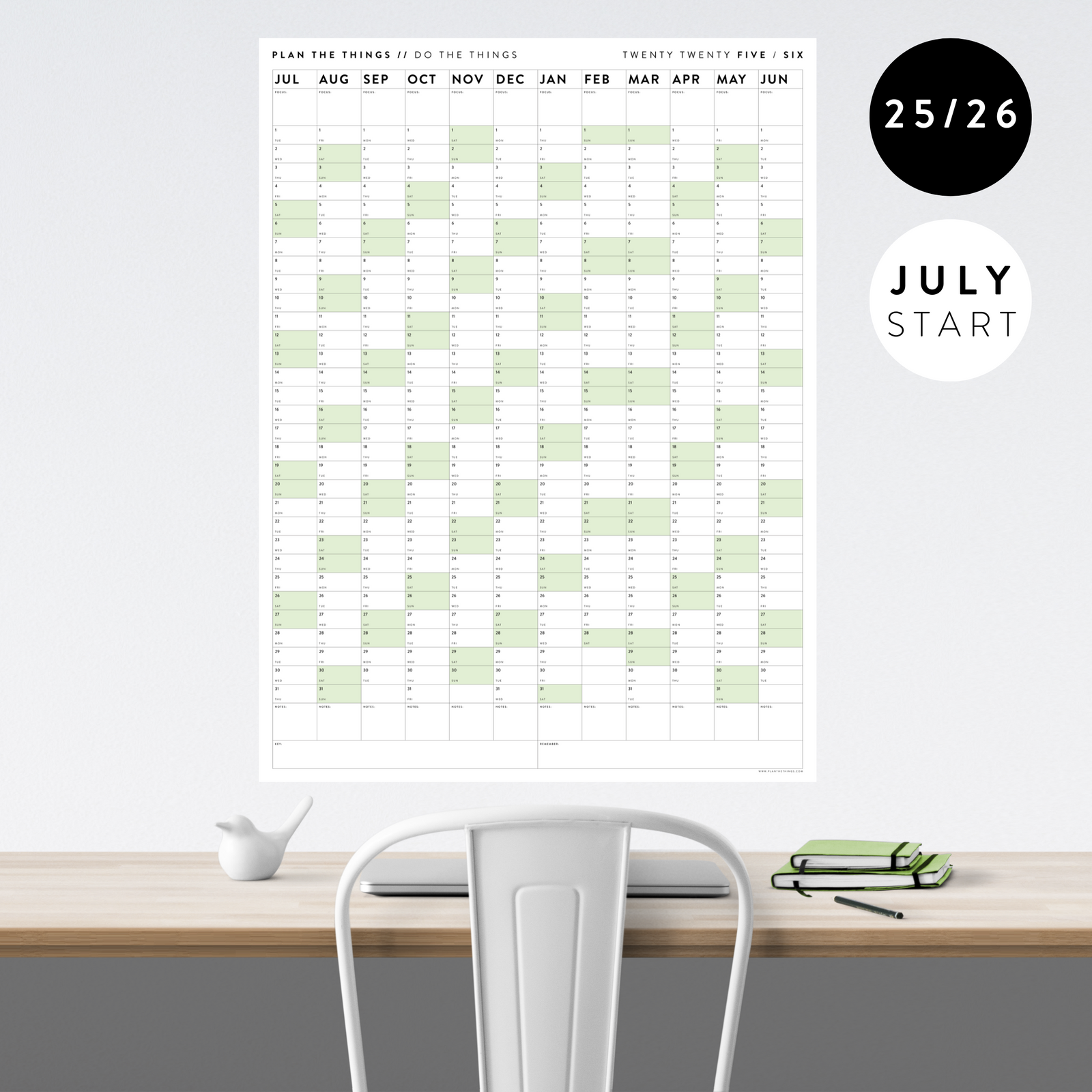 2025 - 2026 ACADEMIC WALL CALENDAR (JULY START) | VERTICAL WITH GREEN WEEKENDS