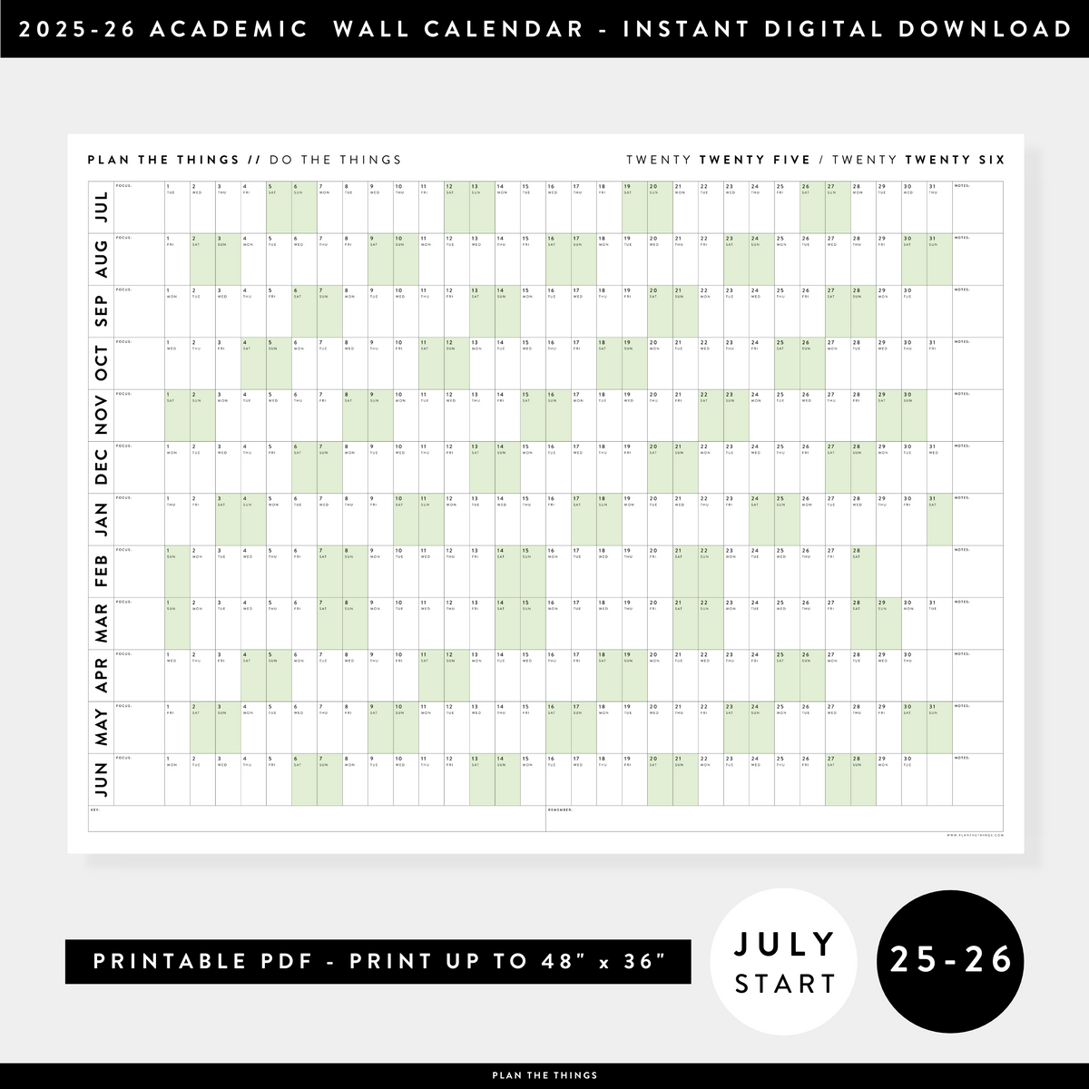 PRINTABLE 2025 - 2026 ACADEMIC WALL CALENDAR (JULY START) | HORIZONTAL WITH GREEN WEEKENDS - INSTANT DOWNLOAD