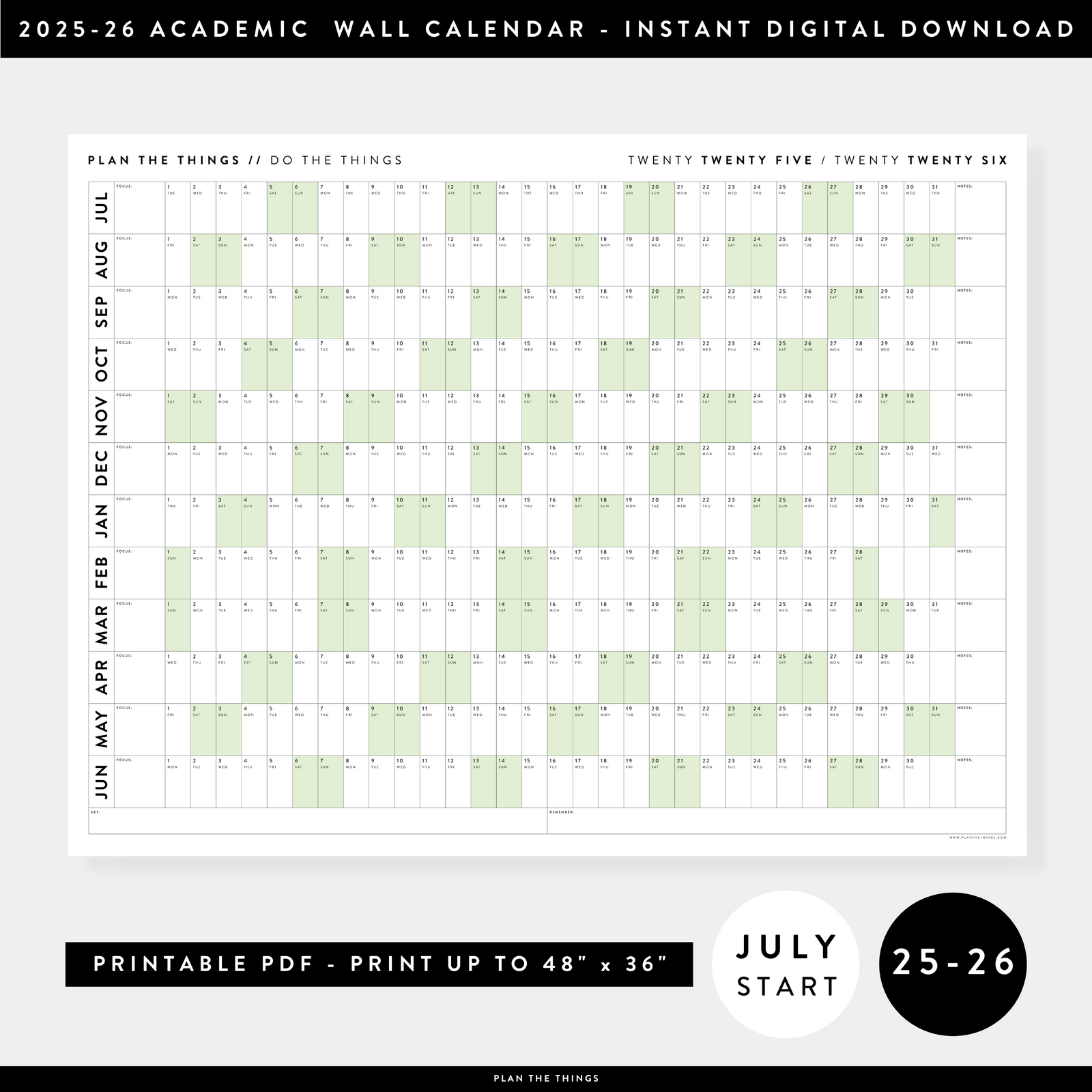 PRINTABLE 2025 - 2026 ACADEMIC WALL CALENDAR (JULY START) | HORIZONTAL WITH GREEN WEEKENDS - INSTANT DOWNLOAD