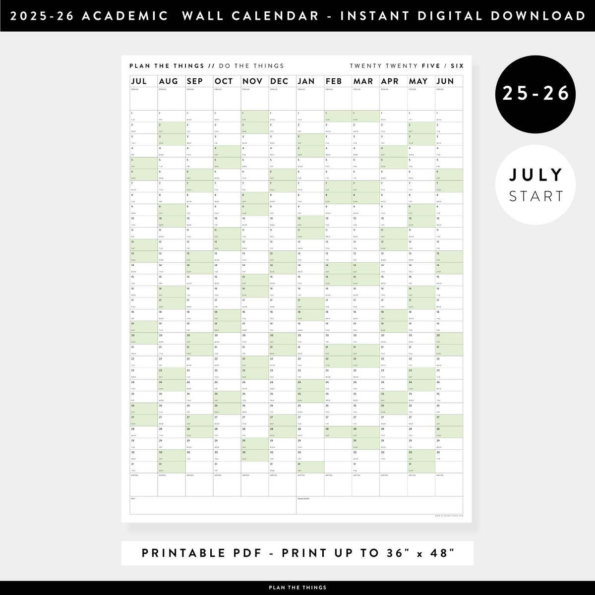 PRINTABLE 2025 - 2026 ACADEMIC WALL CALENDAR (JULY START) | VERTICAL WITH GREEN WEEKENDS - INSTANT DOWNLOAD