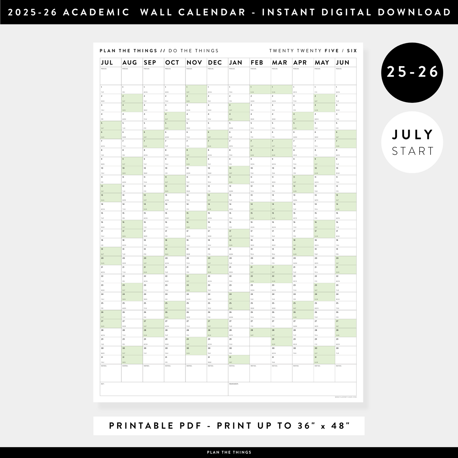 PRINTABLE 2025 - 2026 ACADEMIC WALL CALENDAR (JULY START) | VERTICAL WITH GREEN WEEKENDS - INSTANT DOWNLOAD