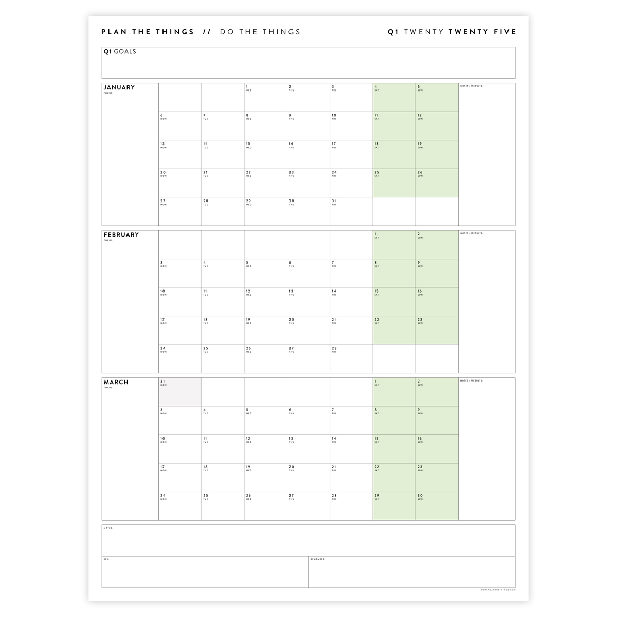 PRINTABLE Q1 (JANUARY - MARCH) 2025 QUARTERLY WALL CALENDAR (GREEN) - INSTANT DOWNLOAD