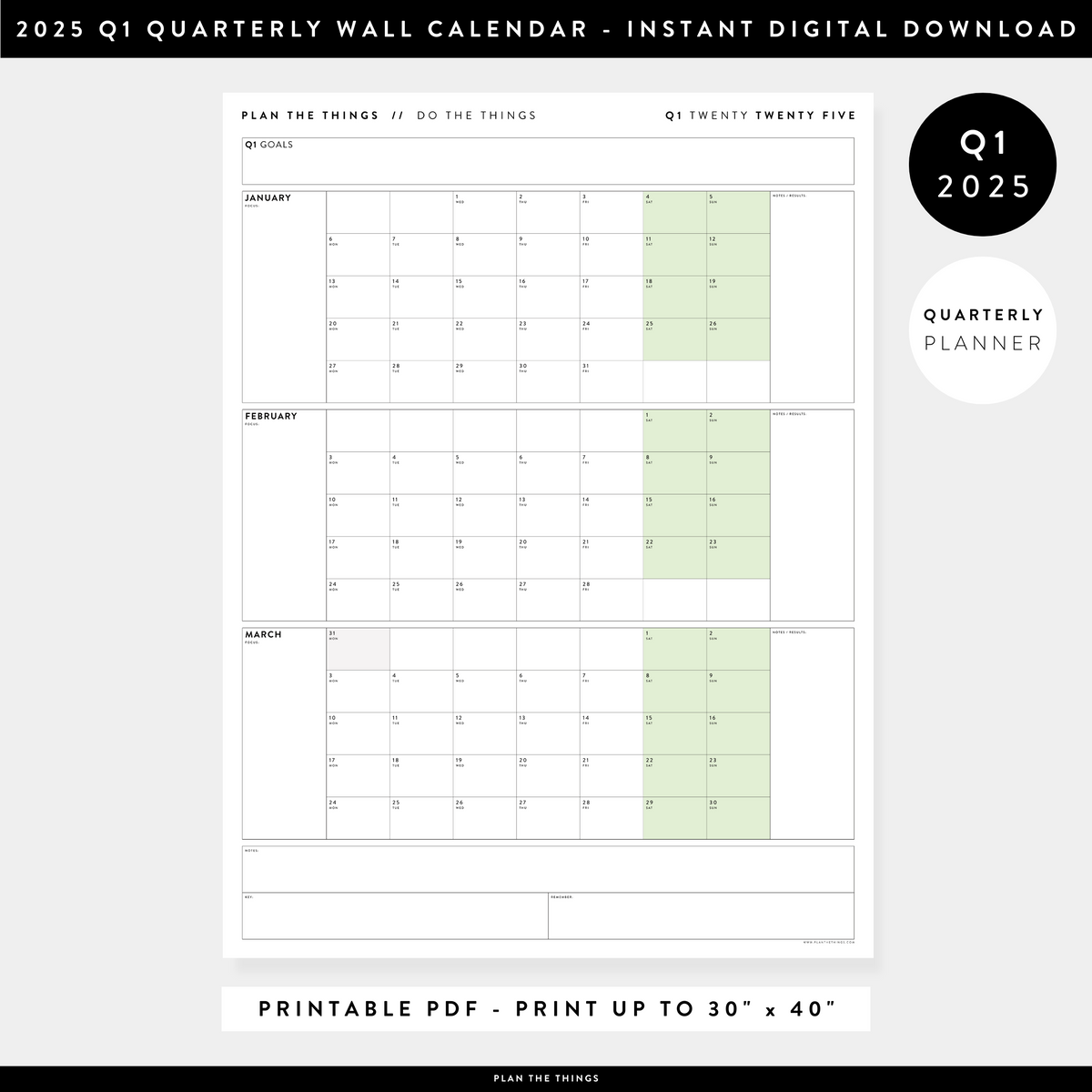 PRINTABLE Q1 (JANUARY - MARCH) 2025 QUARTERLY WALL CALENDAR (GREEN) - INSTANT DOWNLOAD