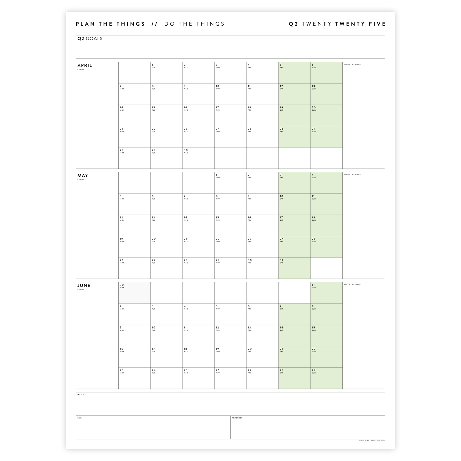 Q2 2025 QUARTERLY GIANT WALL CALENDAR (APRIL - JUNE 2025) - GREEN WEEKENDS