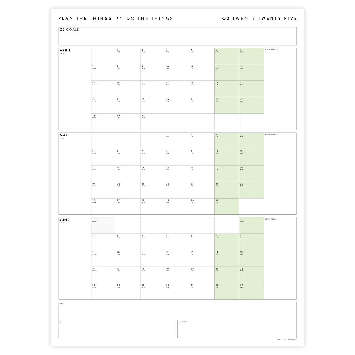 PRINTABLE Q2 (APRIL - JUNE) 2025 QUARTERLY WALL CALENDAR (GREEN) - INSTANT PDF DOWNLOAD