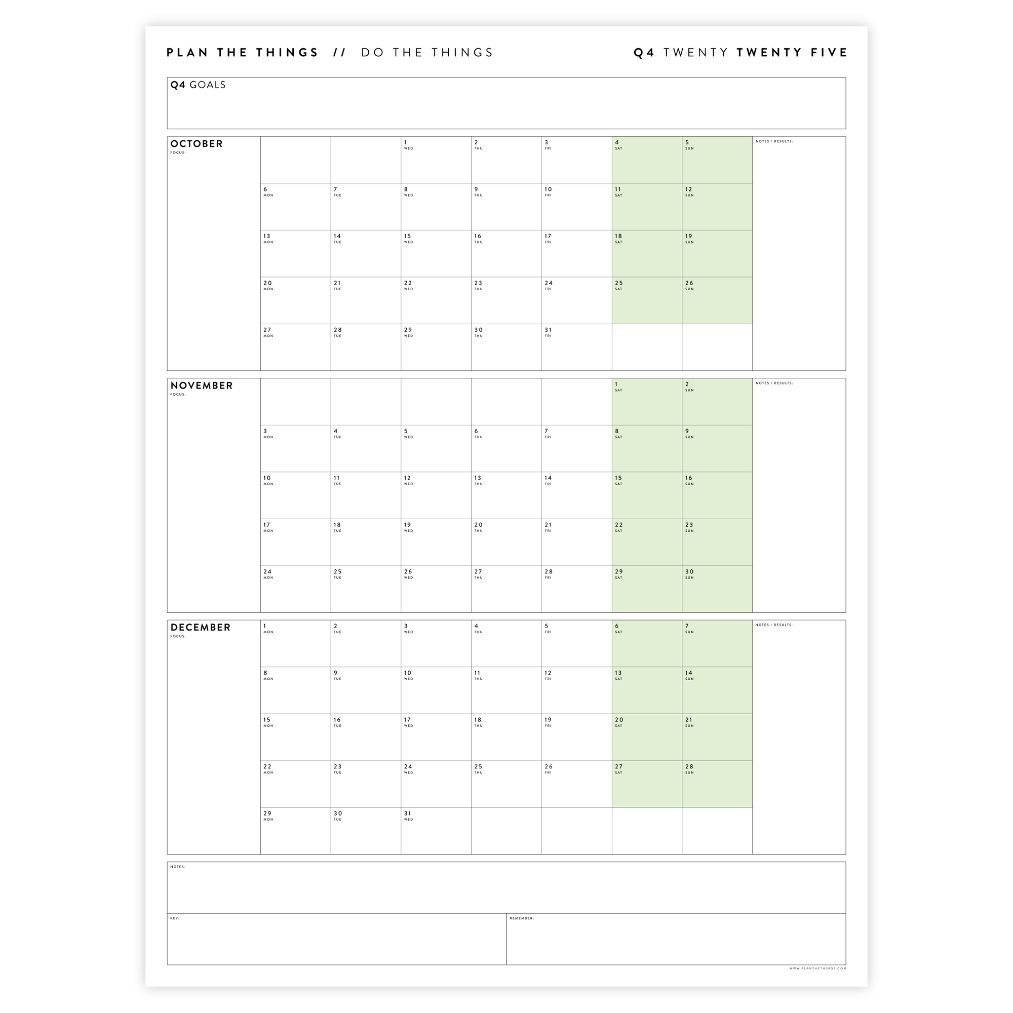 PRINTABLE Q4 (OCTOBER - DECEMBER) 2025 QUARTERLY WALL CALENDAR (GREEN) - INSTANT PDF DOWNLOAD