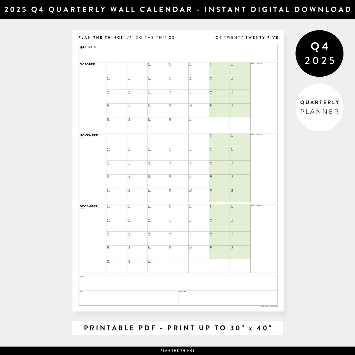 PRINTABLE Q4 (OCTOBER - DECEMBER) 2025 QUARTERLY WALL CALENDAR (GREEN) - INSTANT PDF DOWNLOAD