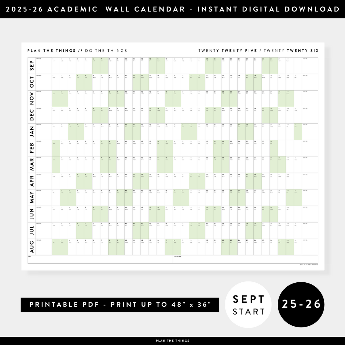 PRINTABLE 2025 - 2026 ACADEMIC WALL CALENDAR (SEPTEMBER START) | HORIZONTAL WITH GREEN WEEKENDS - INSTANT DOWNLOAD