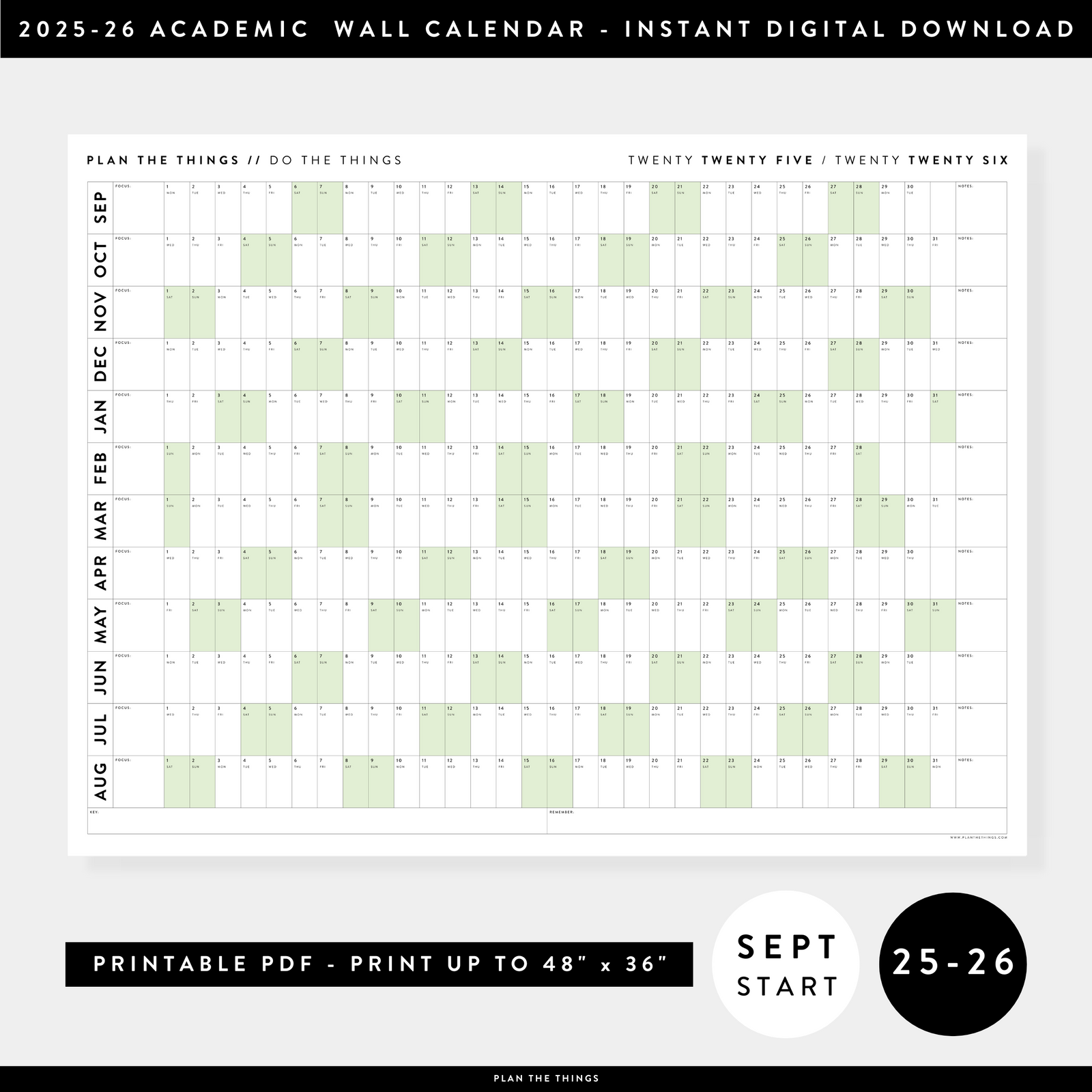 PRINTABLE 2025 - 2026 ACADEMIC WALL CALENDAR (SEPTEMBER START) | HORIZONTAL WITH GREEN WEEKENDS - INSTANT DOWNLOAD