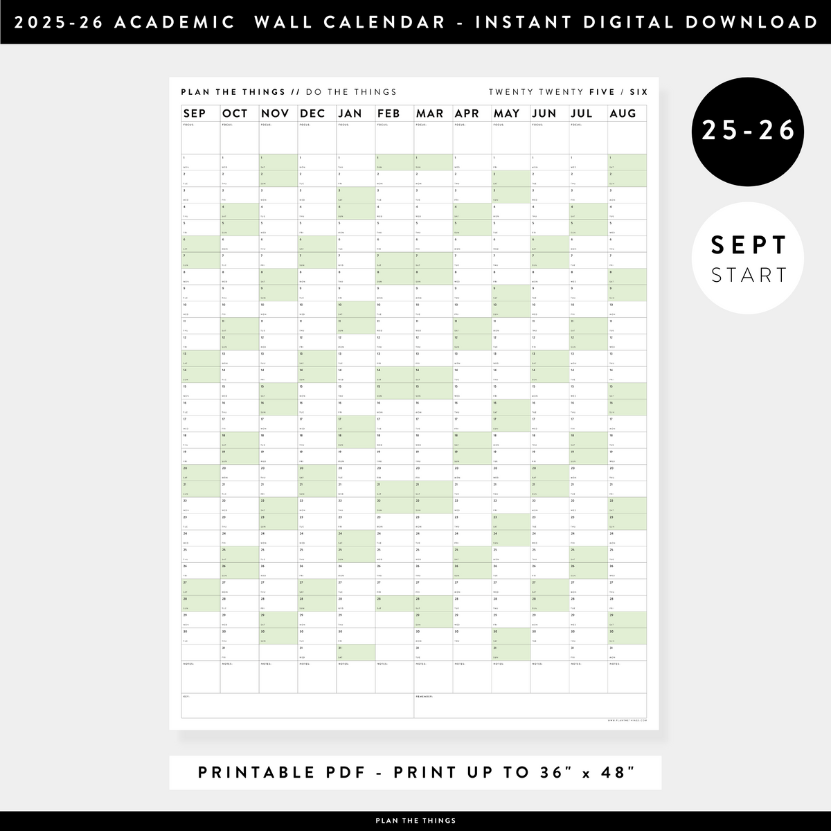 PRINTABLE 2025 - 2026 ACADEMIC WALL CALENDAR (SEPTEMBER START) | VERTICAL WITH GREEN WEEKENDS - INSTANT DOWNLOAD
