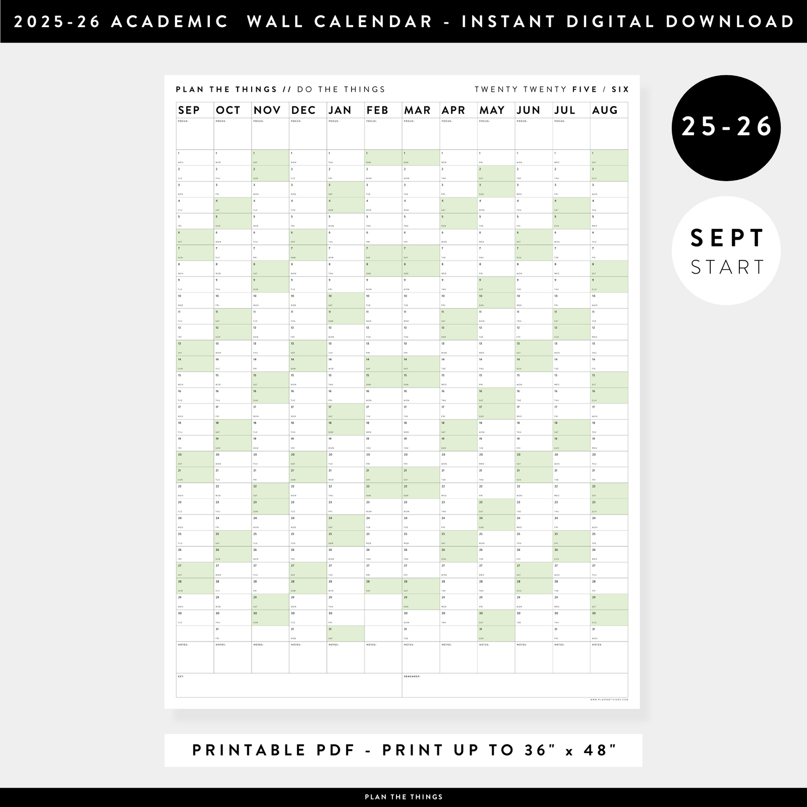 PRINTABLE 2025 - 2026 ACADEMIC WALL CALENDAR (SEPTEMBER START) | VERTICAL WITH GREEN WEEKENDS - INSTANT DOWNLOAD