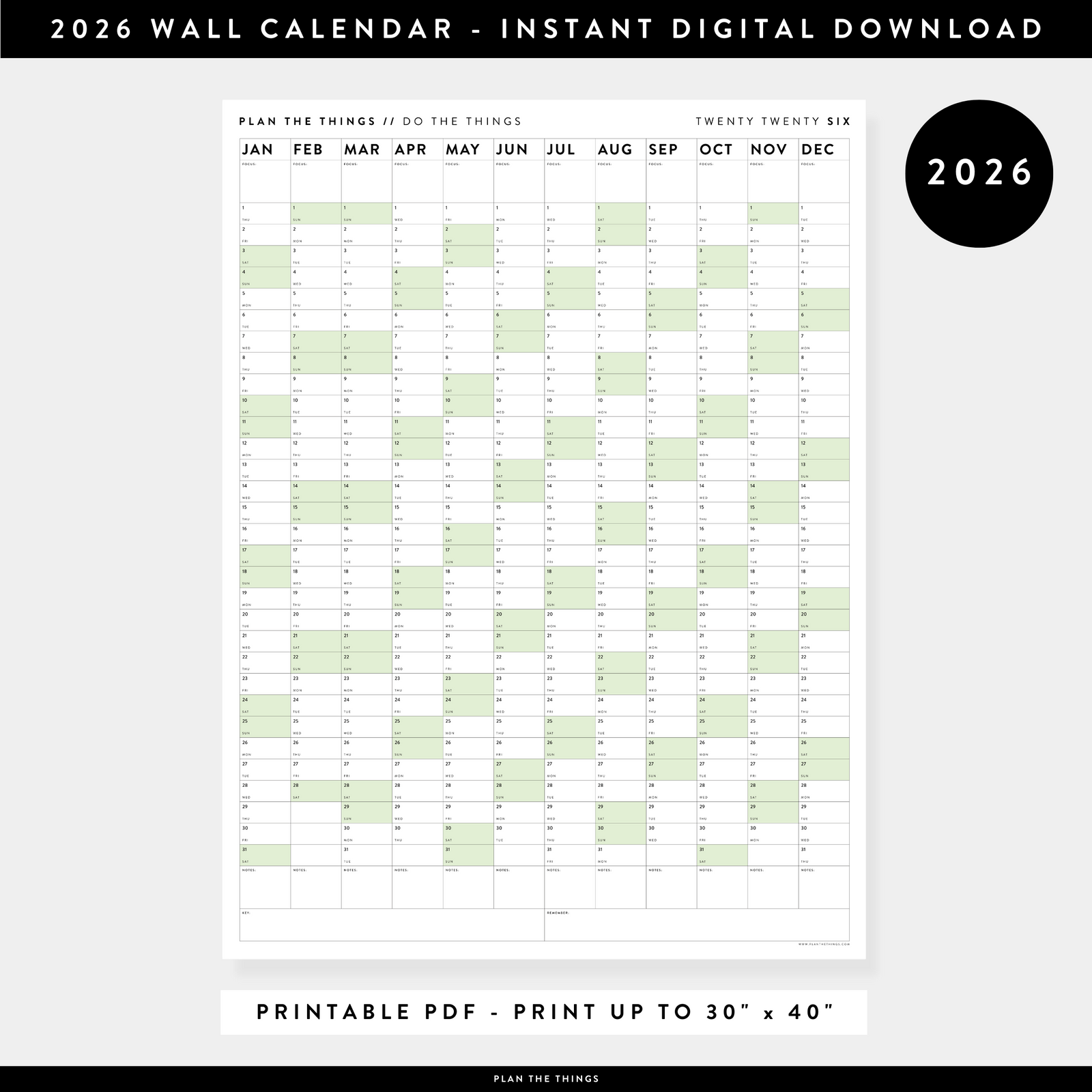 PRINTABLE VERTICAL 2026 WALL CALENDAR WITH GREEN WEEKENDS - INSTANT DOWNLOAD