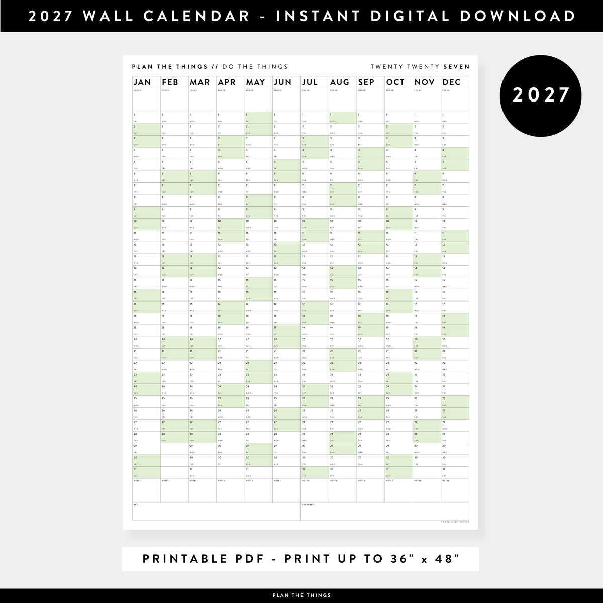 PRINTABLE VERTICAL 2027 WALL CALENDAR WITH GREEN WEEKENDS - INSTANT DOWNLOAD