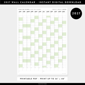 PRINTABLE VERTICAL 2027 WALL CALENDAR WITH GREEN WEEKENDS - INSTANT DOWNLOAD