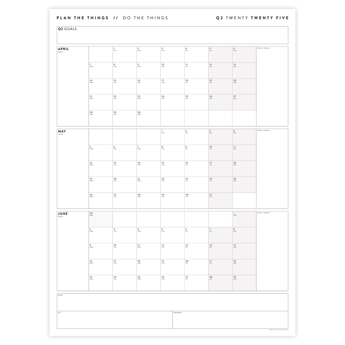 Q2 2025 QUARTERLY GIANT WALL CALENDAR (APRIL - JUNE 2025) - GRAY WEEKENDS