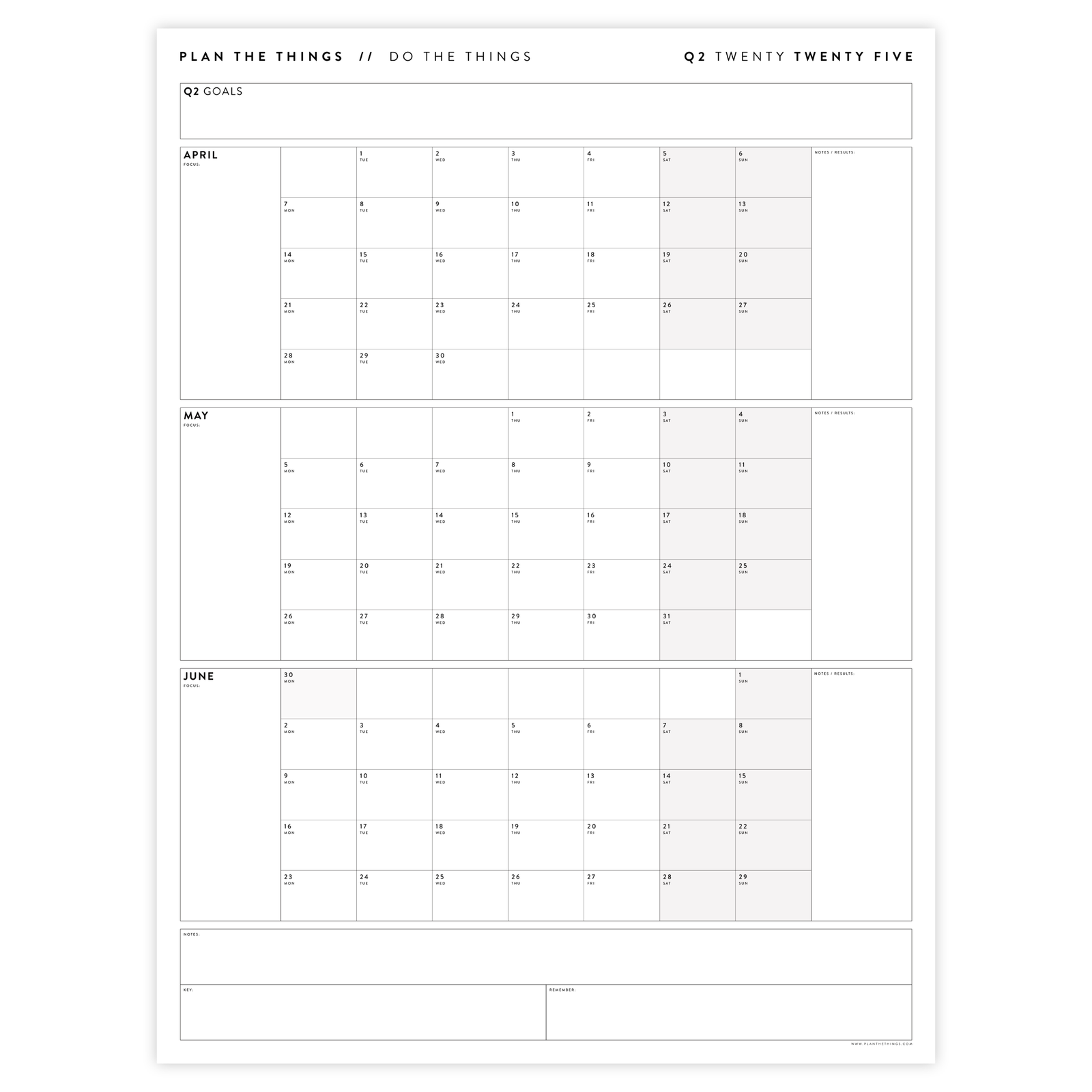 Q2 2025 QUARTERLY GIANT WALL CALENDAR (APRIL - JUNE 2025) - GRAY WEEKENDS