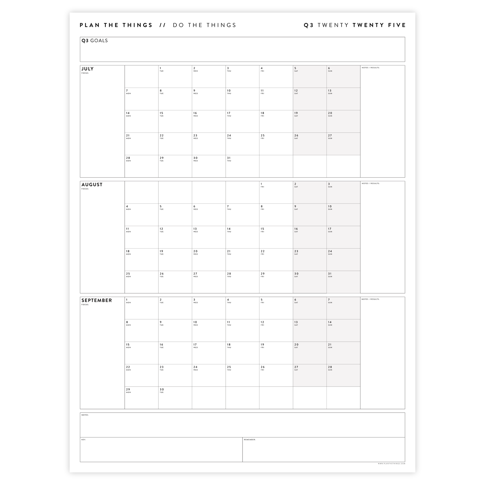 Q3 2025 QUARTERLY GIANT WALL CALENDAR (JULY - SEPTEMBER 2025) - GRAY WEEKENDS