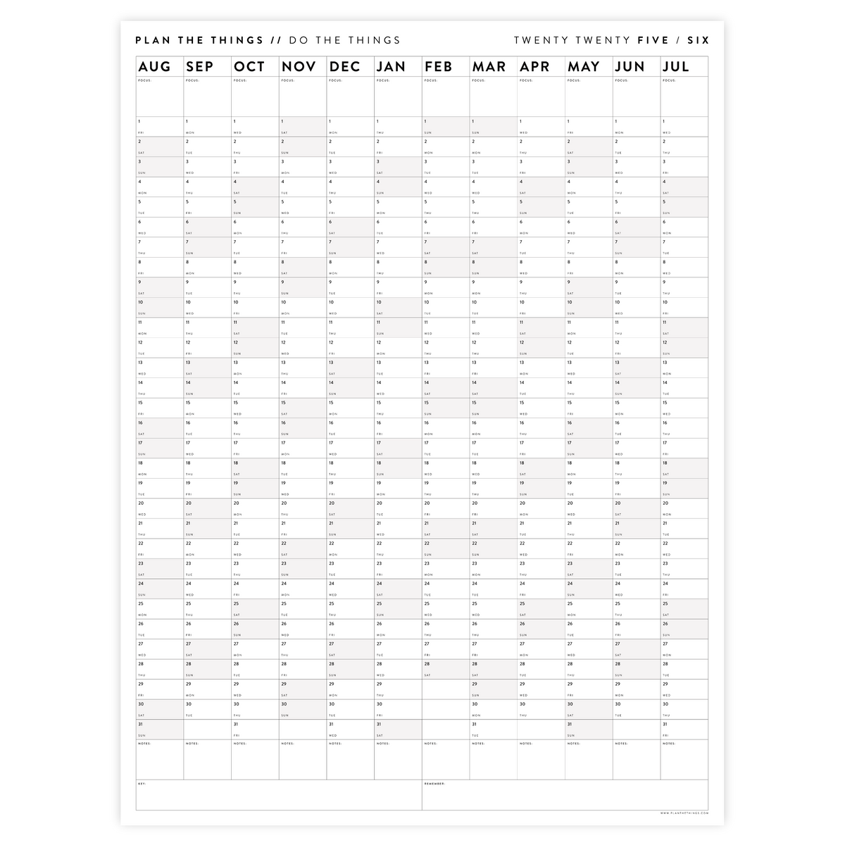 2025 - 2026 ACADEMIC WALL CALENDAR (AUGUST START) | SCHOOL CALENDAR | VERTICAL WITH GRAY WEEKENDS