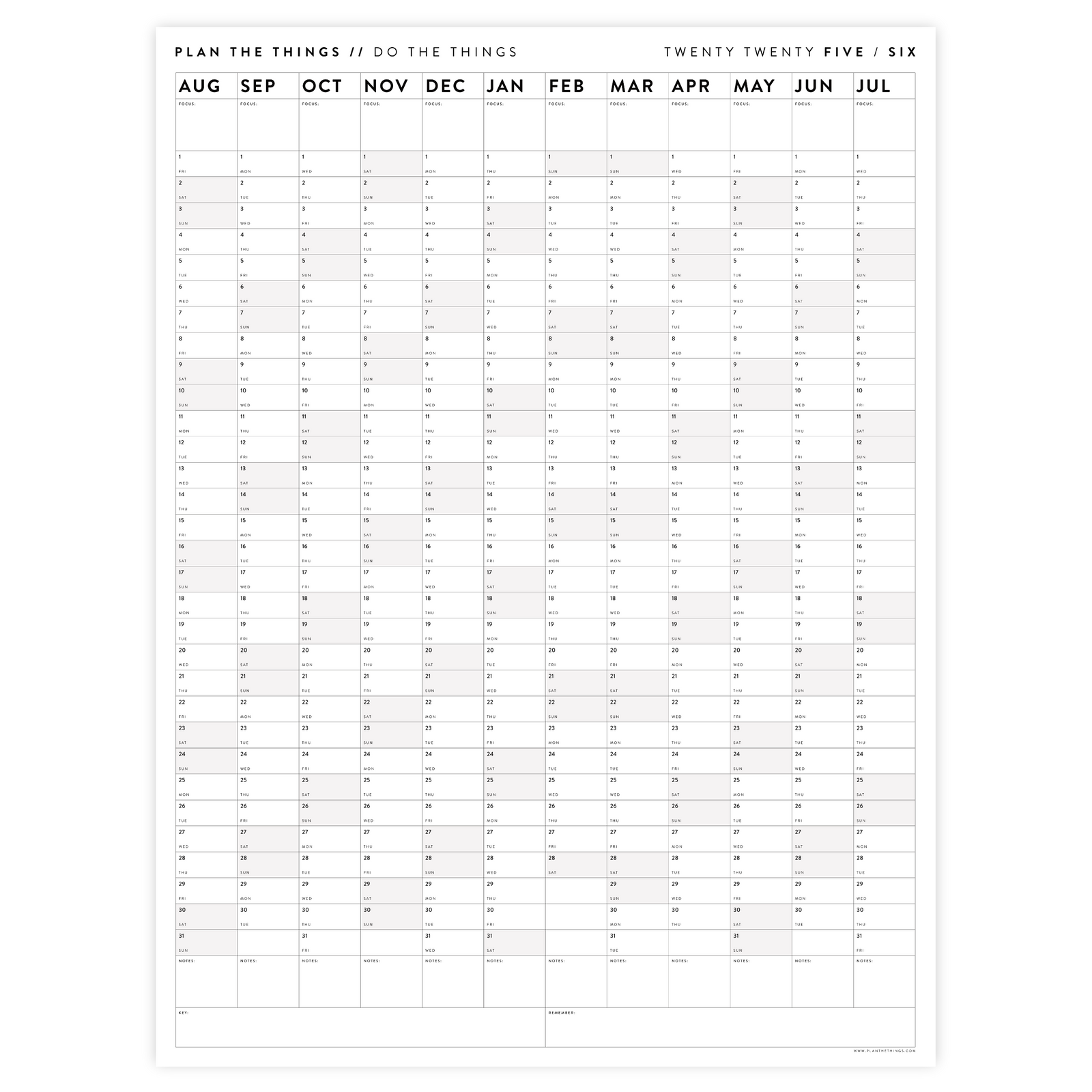 2025 - 2026 ACADEMIC WALL CALENDAR (AUGUST START) | SCHOOL CALENDAR | VERTICAL WITH GRAY WEEKENDS