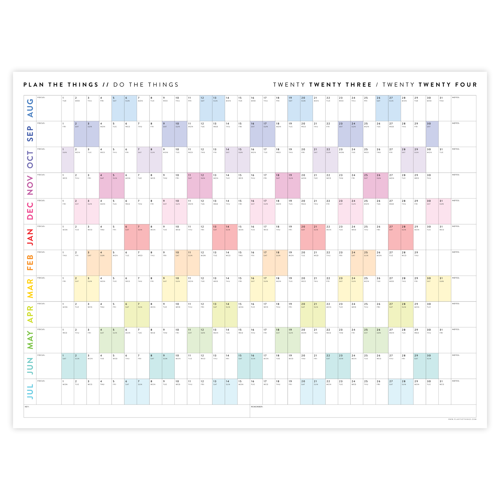 PRINTABLE 2023 / 2024 ACADEMIC WALL CALENDAR (AUGUST START) | HORIZONTAL WITH RAINBOW WEEKENDS - INSTANT DOWNLOAD