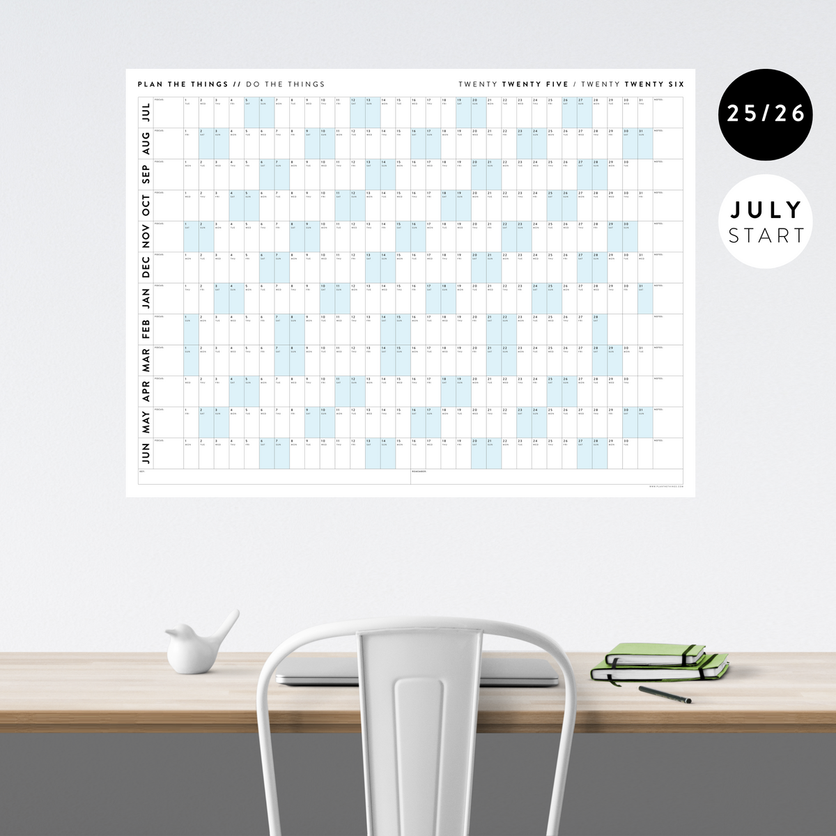 PRINTABLE 2025 - 2026 ACADEMIC WALL CALENDAR (JULY START) | HORIZONTAL WITH BLUE WEEKENDS - INSTANT DOWNLOAD