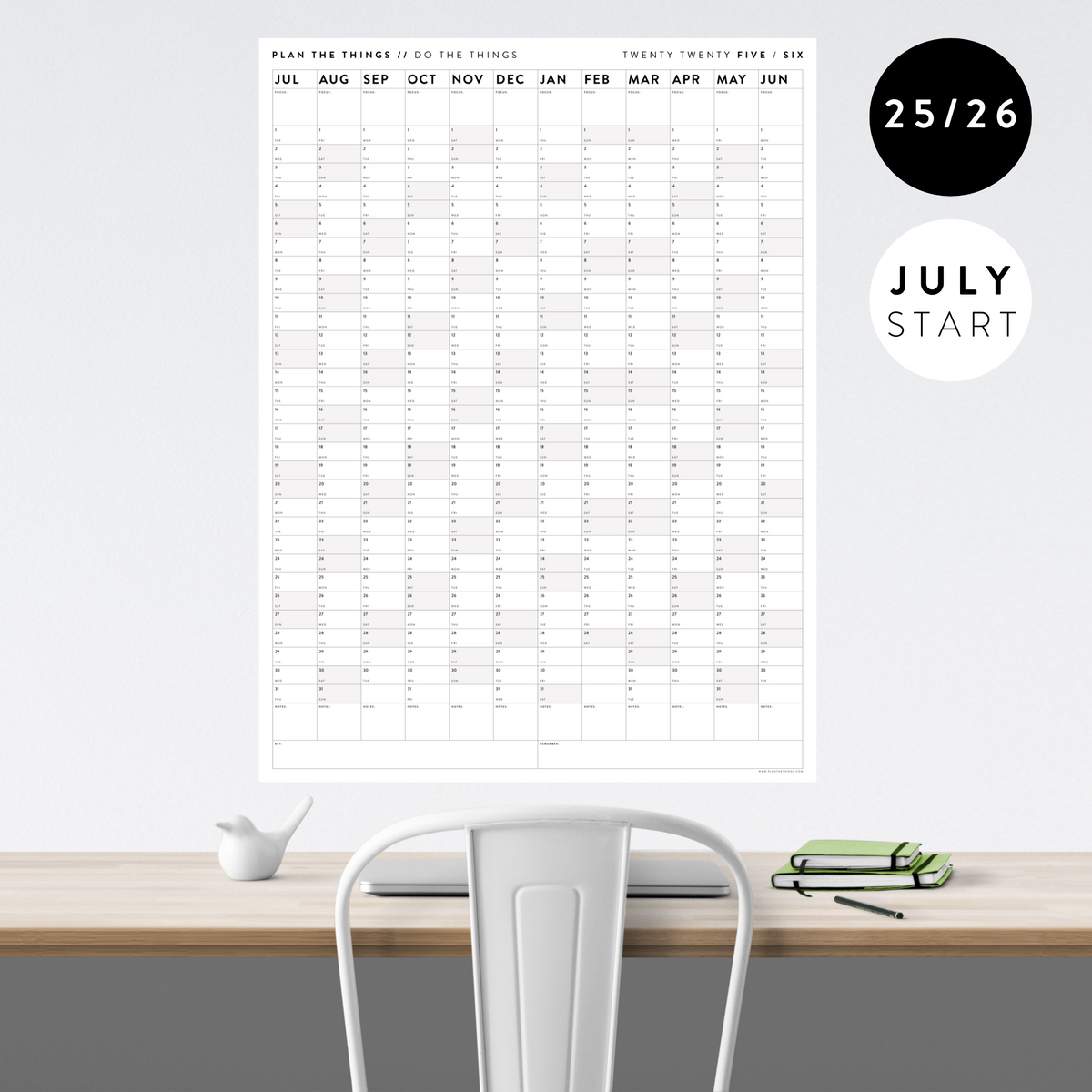 PRINTABLE 2025 - 2026 ACADEMIC WALL CALENDAR (JULY START) | VERTICAL WITH GRAY WEEKENDS - INSTANT DOWNLOAD