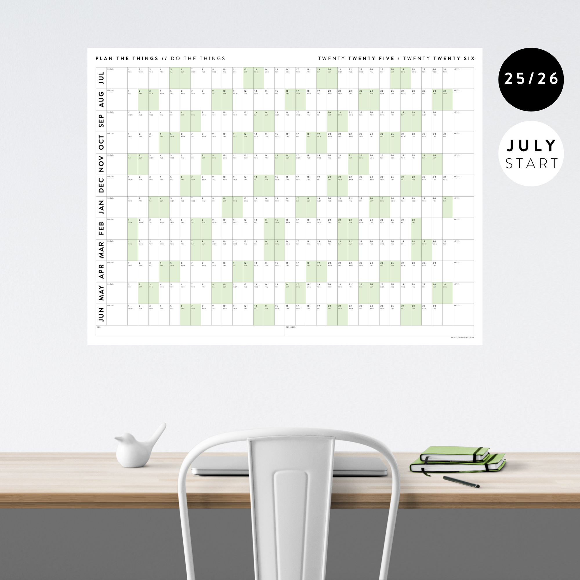 2025 - 2026 ACADEMIC WALL CALENDAR (JULY START) | HORIZONTAL WITH GREEN WEEKENDS