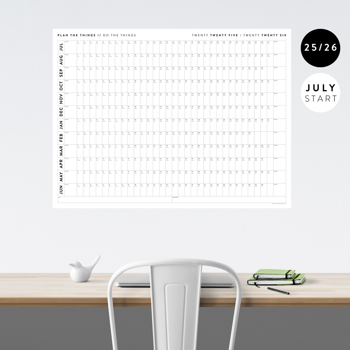 PRINTABLE 2025 - 2026 ACADEMIC WALL CALENDAR (JULY START) | HORIZONTAL - MINIMAL / CLEAR - INSTANT DOWNLOAD
