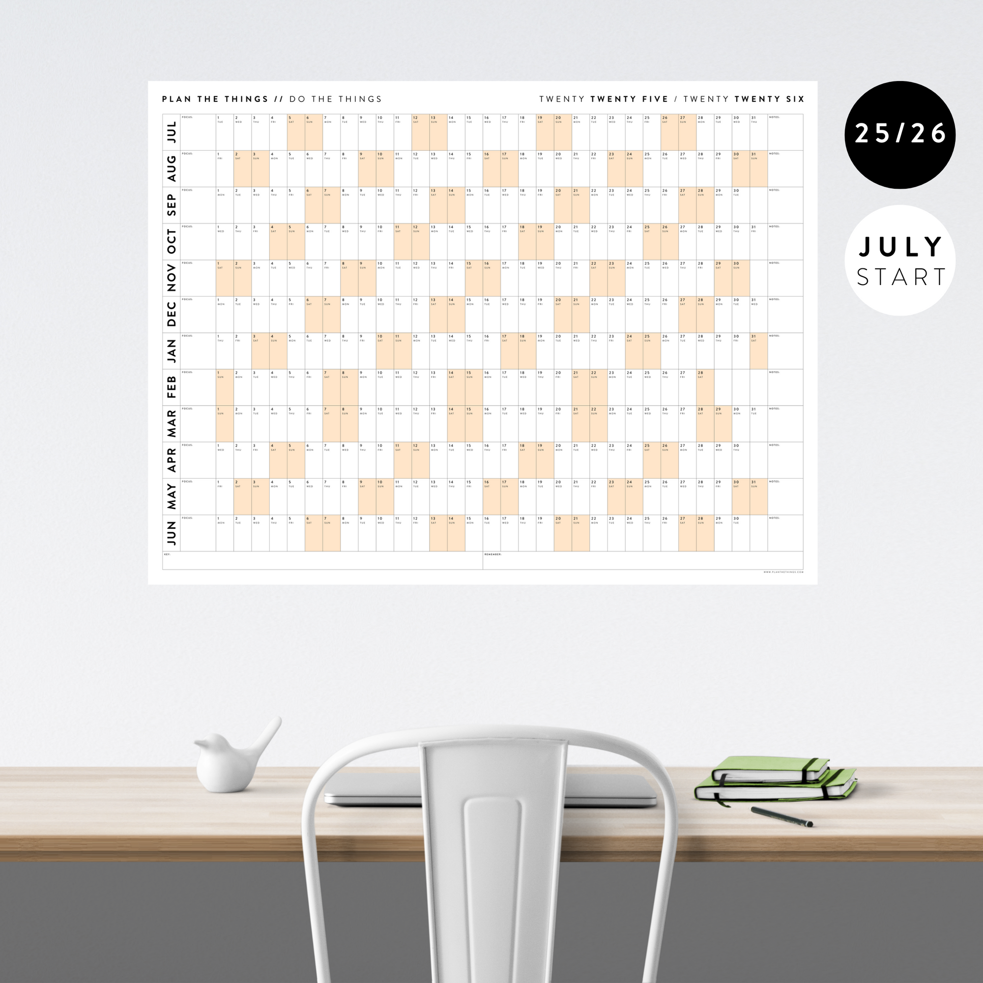 2025 - 2026 ACADEMIC WALL CALENDAR (JULY START) | HORIZONTAL WITH ORANGE WEEKENDS