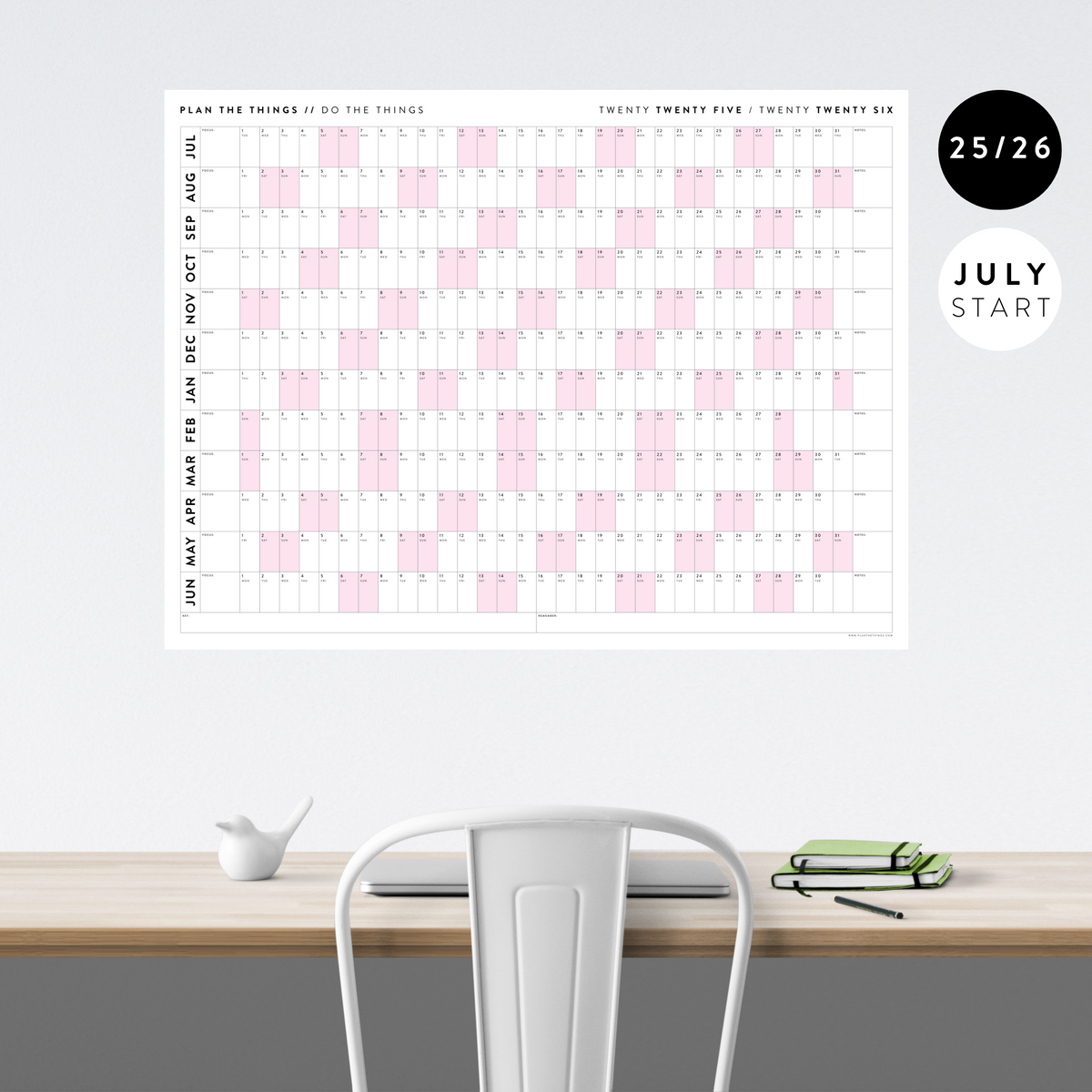 PRINTABLE 2025 - 2026 ACADEMIC WALL CALENDAR (JULY START) | HORIZONTAL WITH PINK WEEKENDS - INSTANT DOWNLOAD