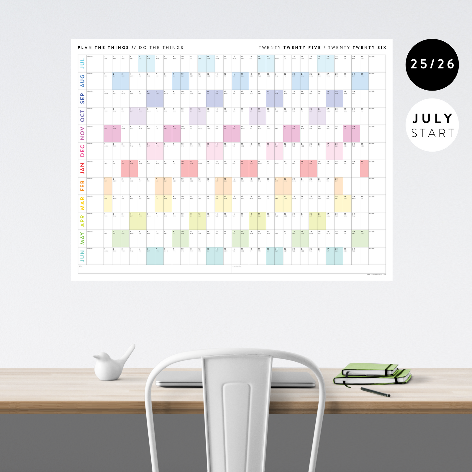 2025 - 2026 ACADEMIC WALL CALENDAR (JULY START) | HORIZONTAL WITH RAINBOW WEEKENDS