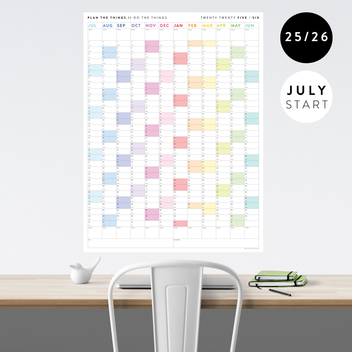 PRINTABLE 2025 - 2026 ACADEMIC WALL CALENDAR (JULY START) | VERTICAL WITH RAINBOW WEEKENDS - INSTANT DOWNLOAD