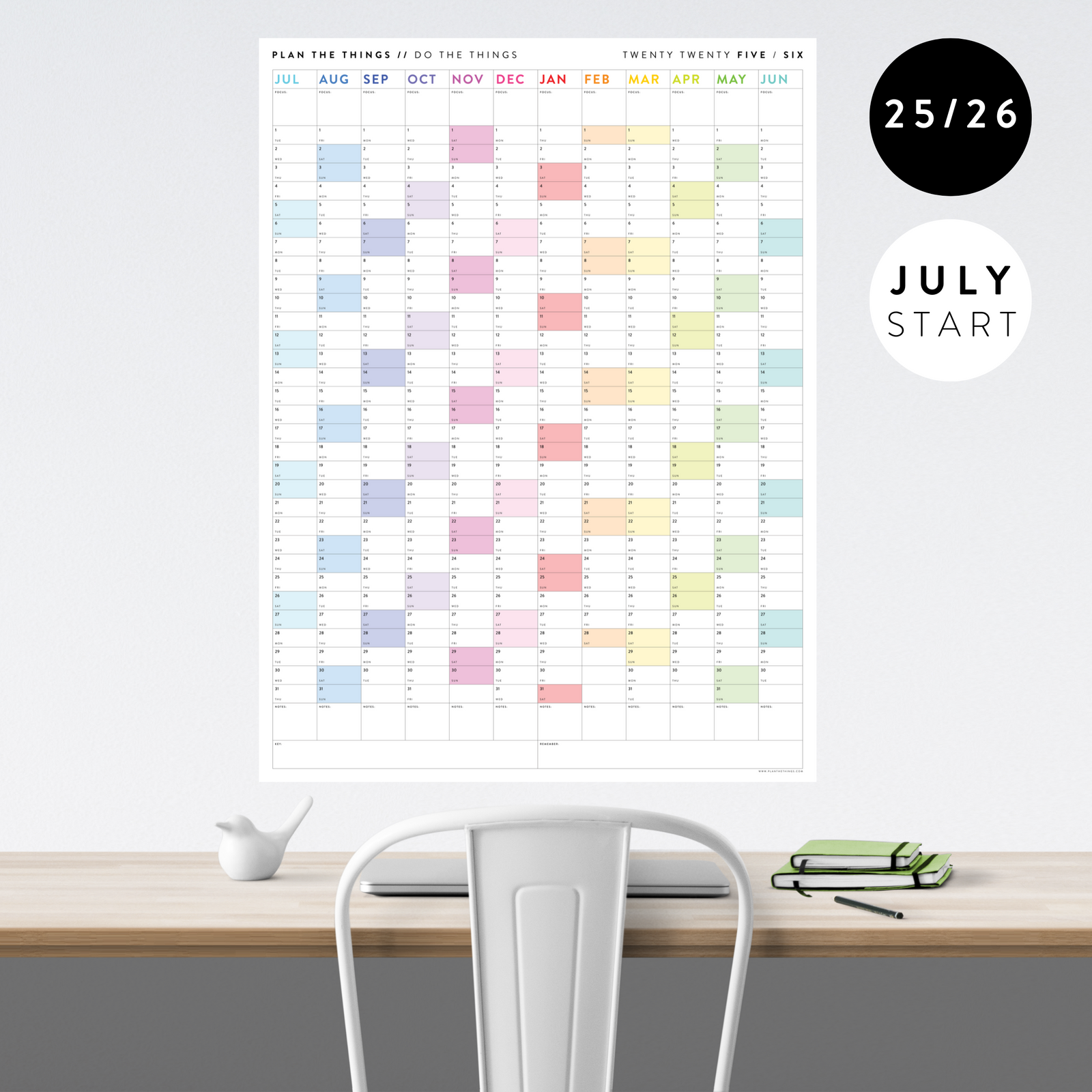 2025 - 2026 ACADEMIC WALL CALENDAR (JULY START) | VERTICAL WITH RAINBOW WEEKENDS