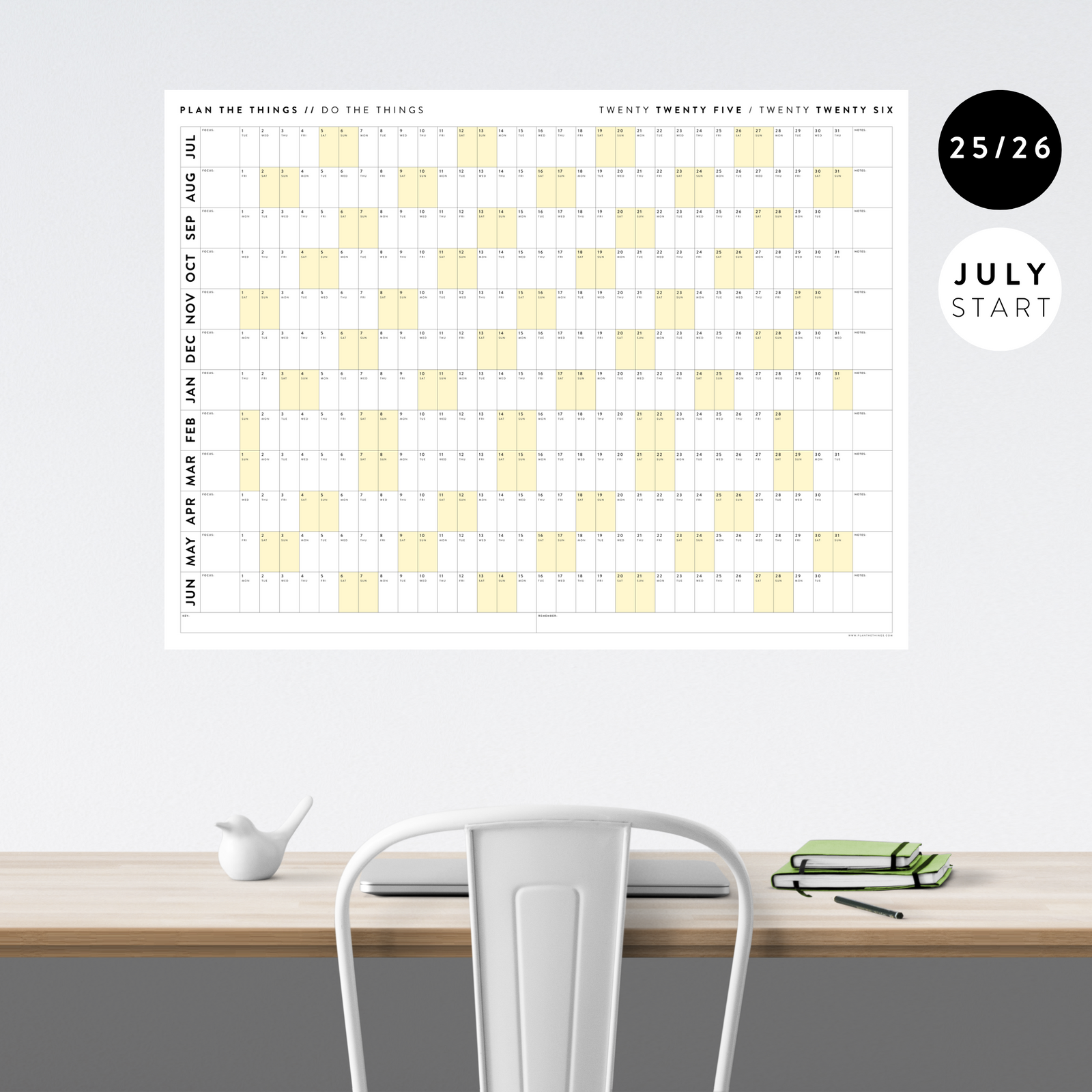 2025 - 2026 ACADEMIC WALL CALENDAR (JULY START) | HORIZONTAL WITH YELLOW WEEKENDS