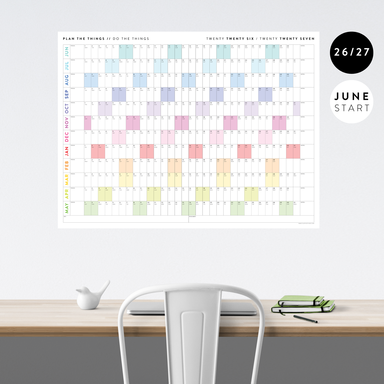 2026 - 2027 ACADEMIC WALL CALENDAR (JUNE START) | HORIZONTAL WITH RAINBOW WEEKENDS