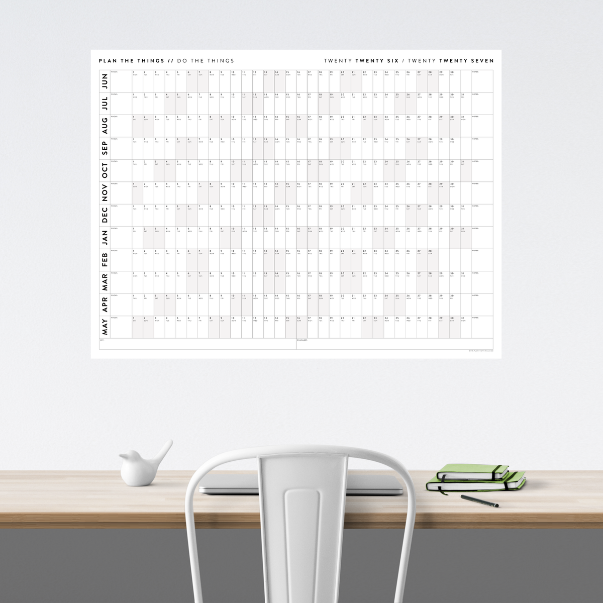 PRINTABLE 2026 - 2027 ACADEMIC WALL CALENDAR (JUNE START) | HORIZONTAL WITH GRAY WEEKENDS - INSTANT DOWNLOAD