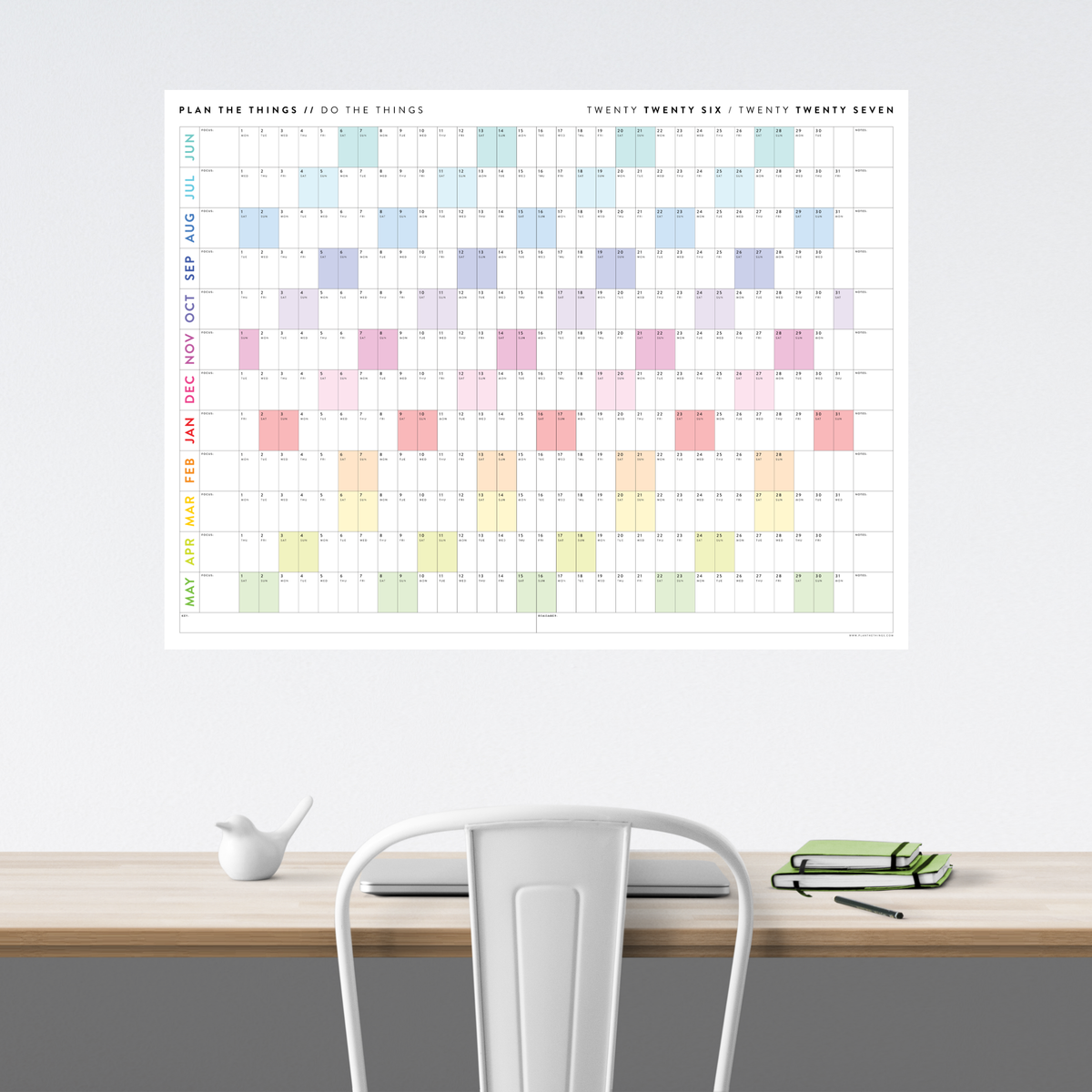PRINTABLE 2026 - 2027 ACADEMIC WALL CALENDAR (JUNE START) | HORIZONTAL WITH RAINBOW WEEKENDS - INSTANT DOWNLOAD