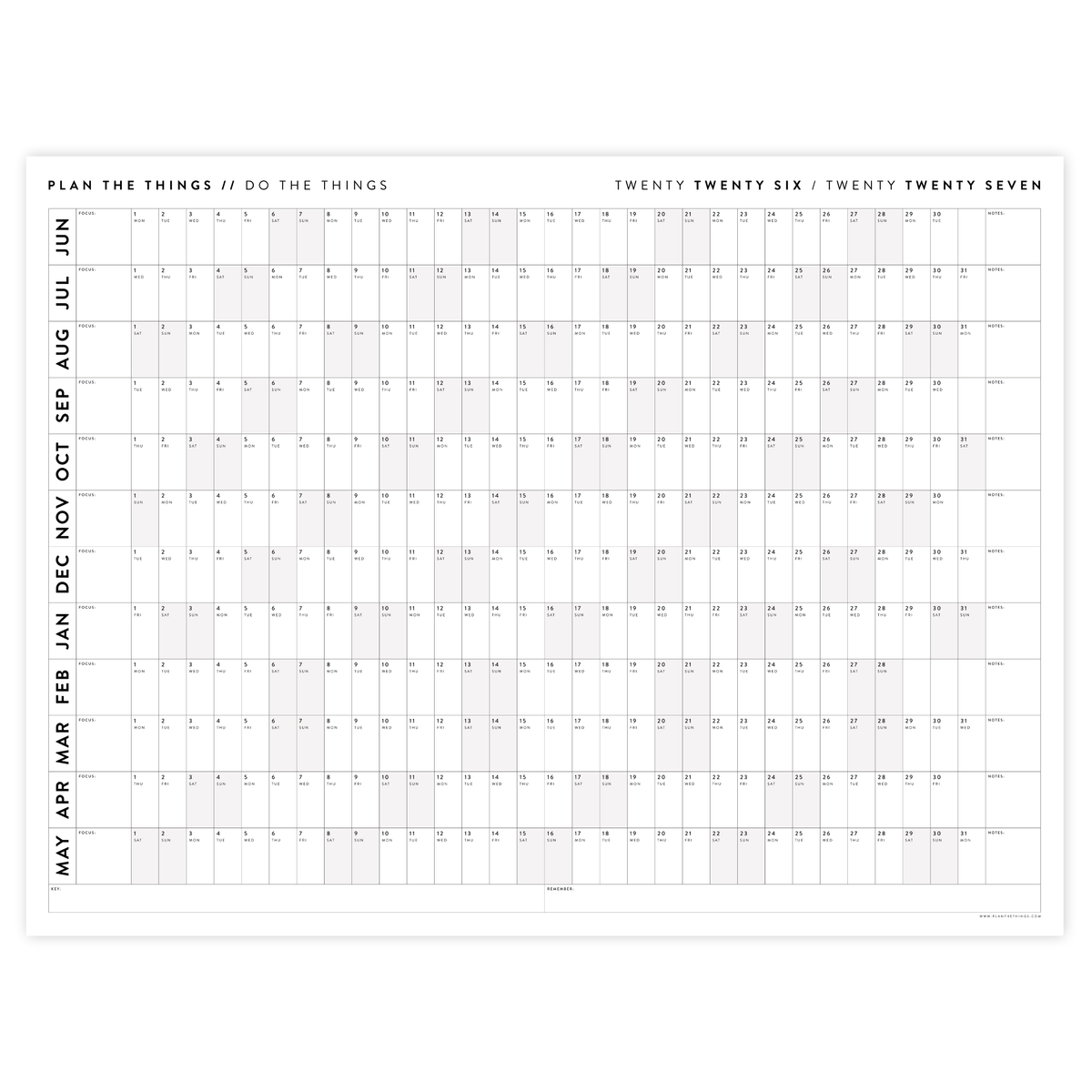 2026 - 2027 ACADEMIC WALL CALENDAR (JUNE START) | HORIZONTAL WITH GRAY WEEKENDS