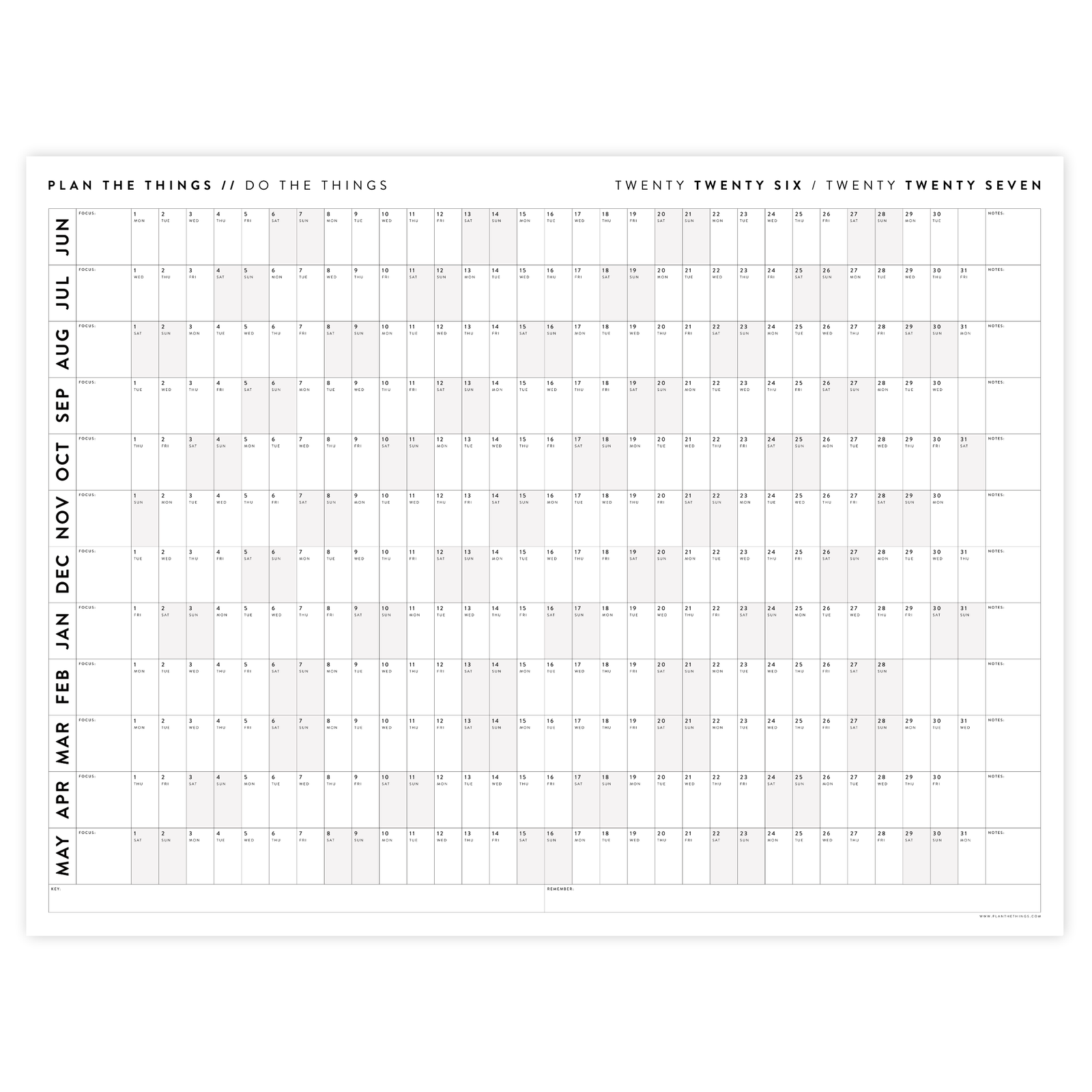 2026 - 2027 ACADEMIC WALL CALENDAR (JUNE START) | HORIZONTAL WITH GRAY WEEKENDS